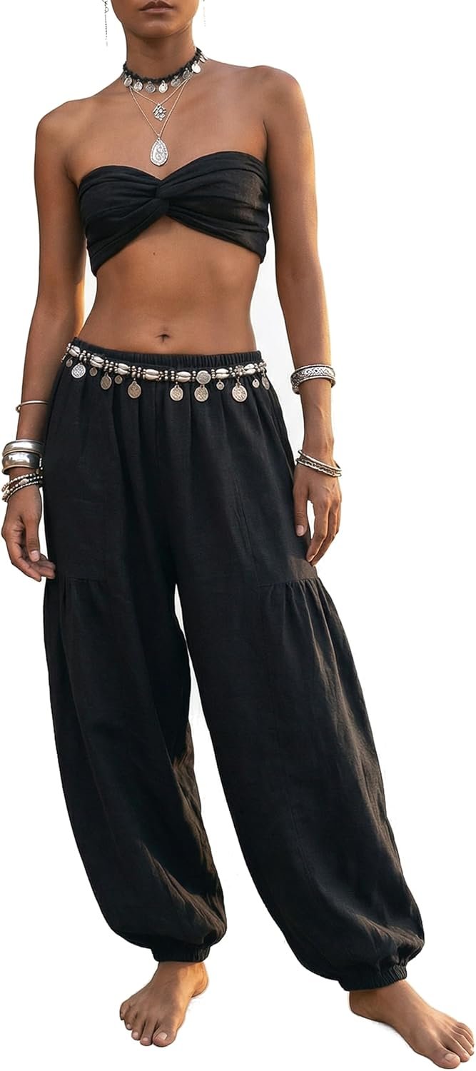 Thaluta Women’s Natural Cotton Yoga Pants – Durable Harem Style Lounge Trousers, Organic Fabric, Relaxed Fit Boho Joggers