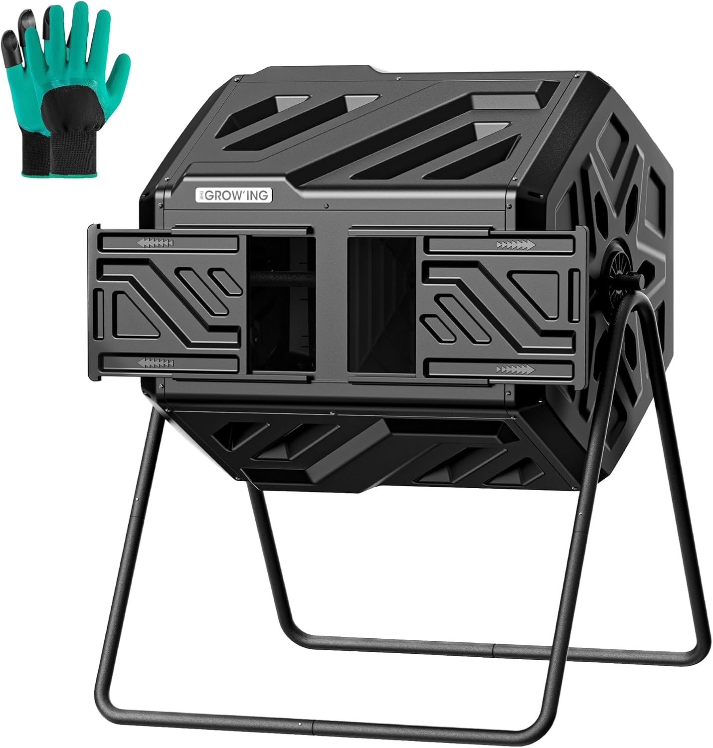 THE Growing 43 Gal Outdoor Compost Bin Tumbler for Backyard Garden, Black | Twin 21.5gal heat-absorbing chambers. Pre-embedded nuts for fast outdoor setup. Durable resin deters pests and bad odors.