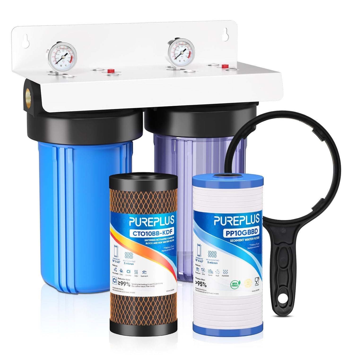 PUREPLUS 2-Stage Whole House Water Filtration System, Reduces Chlorine, Odor, Heavy Metals & Rust, 10″x4.5″ Clear Housing, 1″ Inlet/Outlet, PP Grooved Sediment&KDF Carbon Filters, With Pressure Gauges