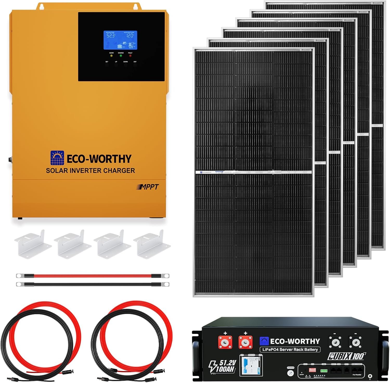 ECO-WORTHY 4.68KWH Complete Solar Panel Kit 1200W 48V with Lithium Battery and Inverter for Home: 6pcs 195W N-Type Bifacial Solar Panels + 1pc 48V 100Ah Li-Battery + 1pc 3500W Solar Inverter