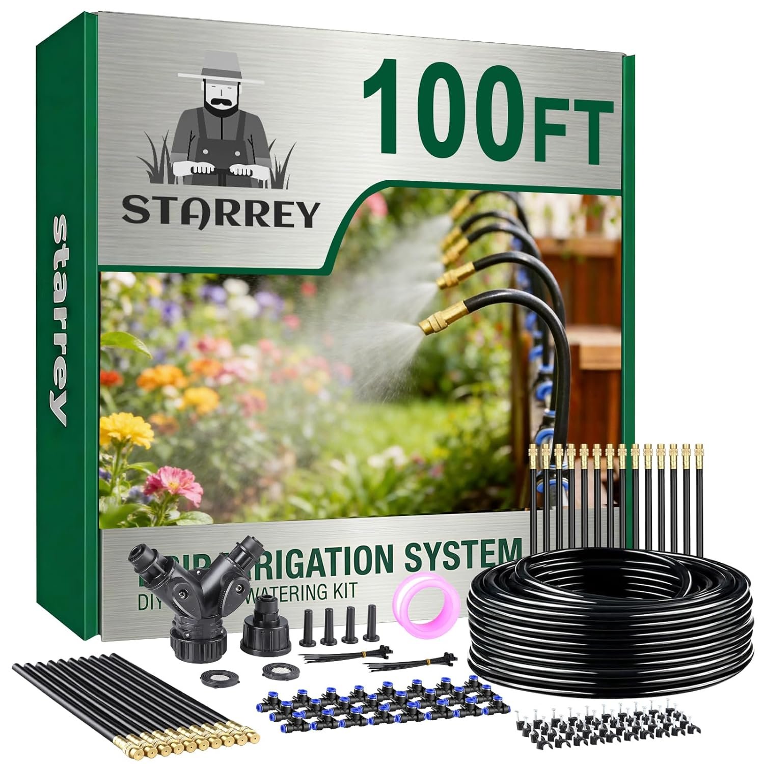 Drip Irrigation System, 2026-Upgrade 100Ft 1/4″ Garden Watering System with 24 Pcs 360° Adjustable Copper Nozzles, DIY Kit for Garden, Lawn, Greenhouse, Raised Beds & Outdoor Plants