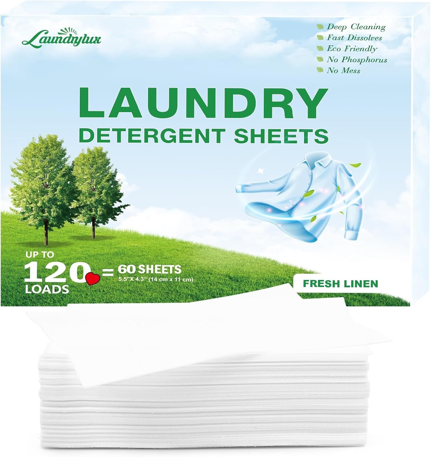 Laundry Detergent Sheet, Eco-Friendly & Hypoallergenic Wash Strips | Natural Ingredients, Ultra-Concentrated, Travel-Ready, No Plastic Jug- Fresh Scent, (120 Loads) 60 Sheets