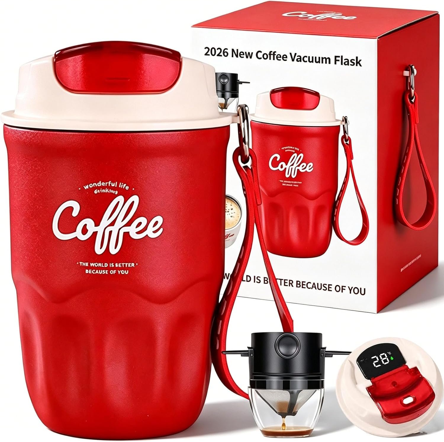 2026 New 12.7oz Coffee Vacuum Flask, Portable Travel Insulated Coffee Mug with Lid, Spill & Leak Proof, Spill Proof Coffee Travel Mug for Coffee, Milk, Juice & Fruit Tea (Red, Smart)