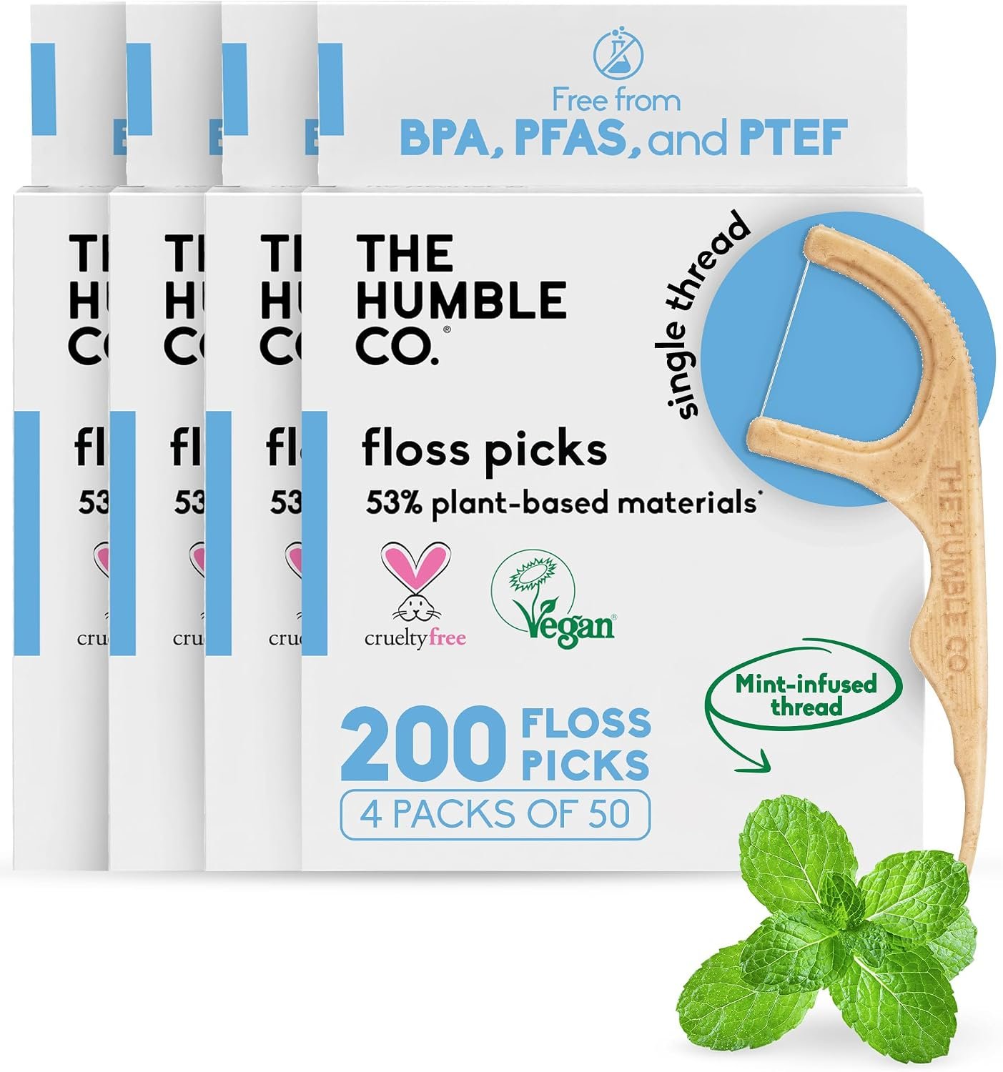 The Humble Co. Dental Floss Picks, Single Thread, Mint (200 Count) | Tooth Picks Flossers, Gum Health, Dental Oral Care & Hygiene, Gum Health, Interdental Flossers for Adults, Toothpick Floss