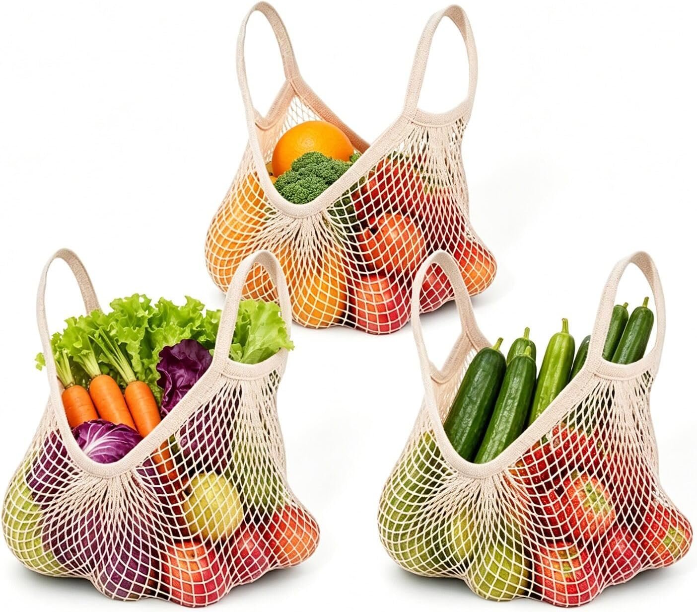 Ahyuan Reusable Cotton Mesh Grocery Bags Cotton String Bag Net Shopping Mesh Bags Pack of 3 (Beige)