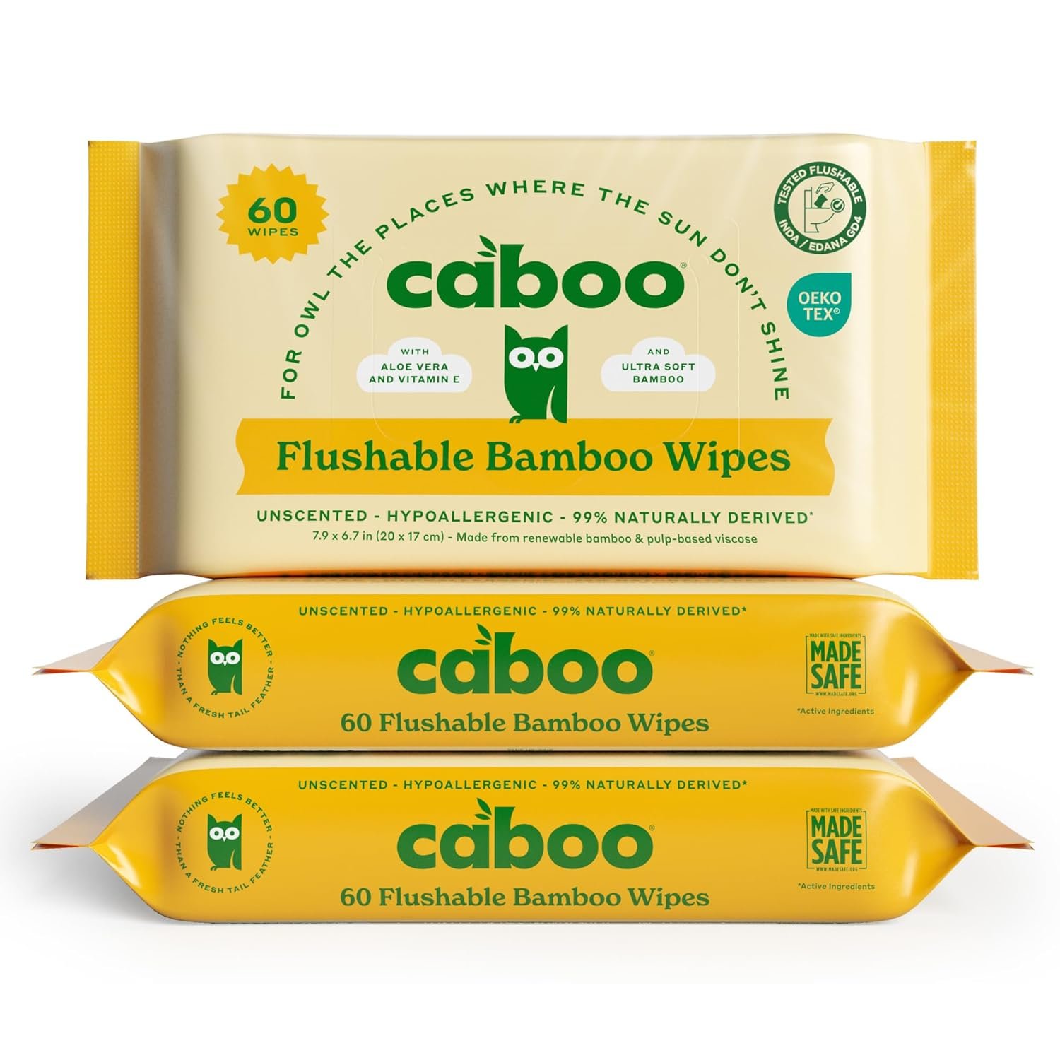 Caboo Tree Free Flushable Wipes, Septic Safe, 60 Wipes Per Pack, 180 Total | Made with Bamboo Viscose, Unscented, XL Size 7.9×6.7″, Resealable Tab, Infused with Aloe Vera & Vitamin E, Chemical Free