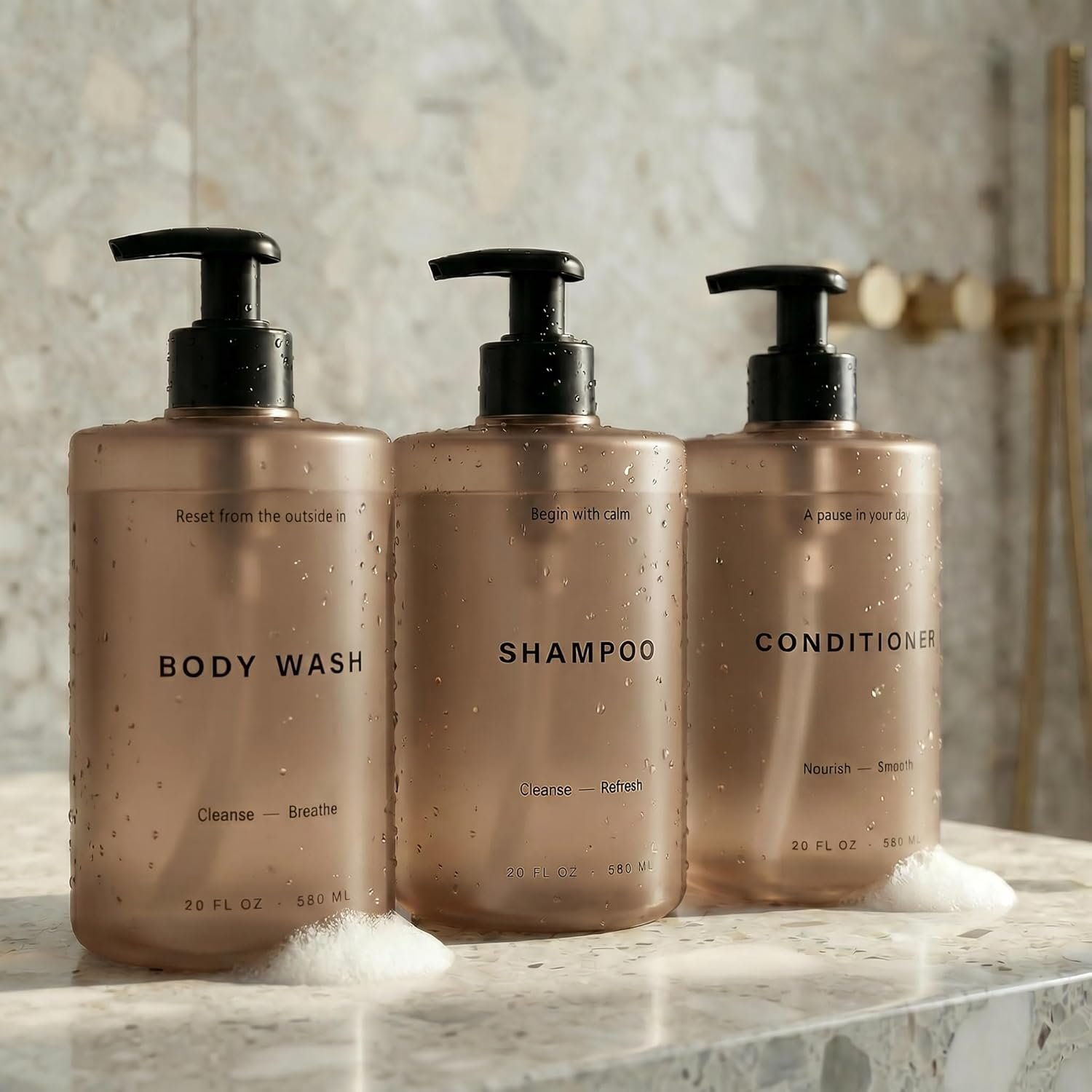 Stylish Shampoo and Conditioner Dispenser Set of 3 – Modern 20oz Shower Soap Bottles with Pump and Labels – Easy to Refill Body Wash Dispensers for an Instant Bathroom Decor Upgrade