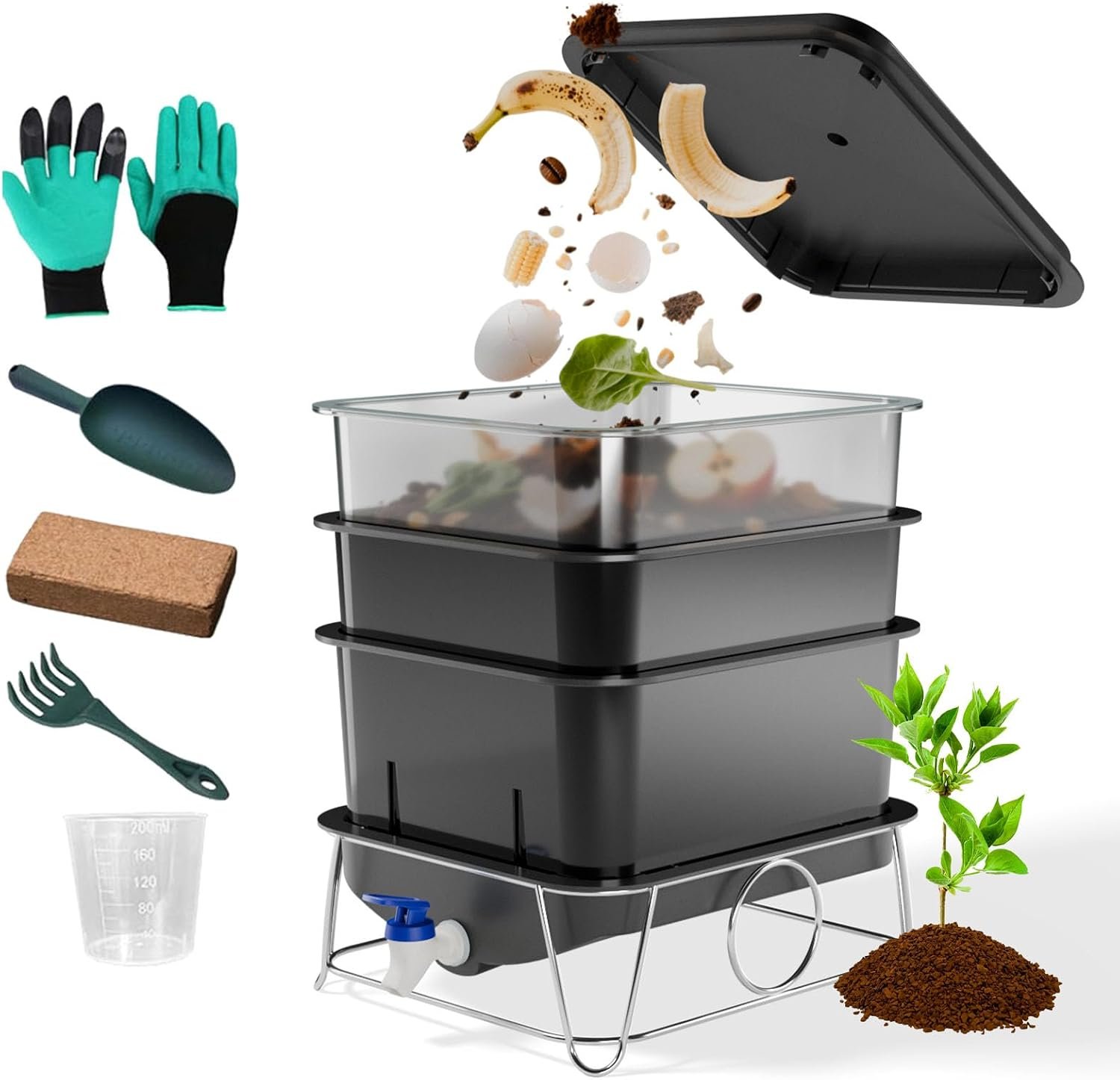 3-Tray 15L Worm Farm, Indoor Compost Bin for Kitchen Food Waste