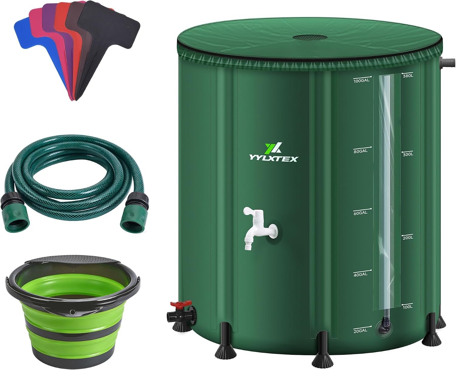 100 Gallon/380L Collapsible RainWater Collection Barrel,Water Tank&Reinforced with 2mm Frame Portable Rain Catcher,Includes Quick-Connect Tap&Sprinkler,Heavy Duty 0.6mm PVC for Long-Lasting Use,Green