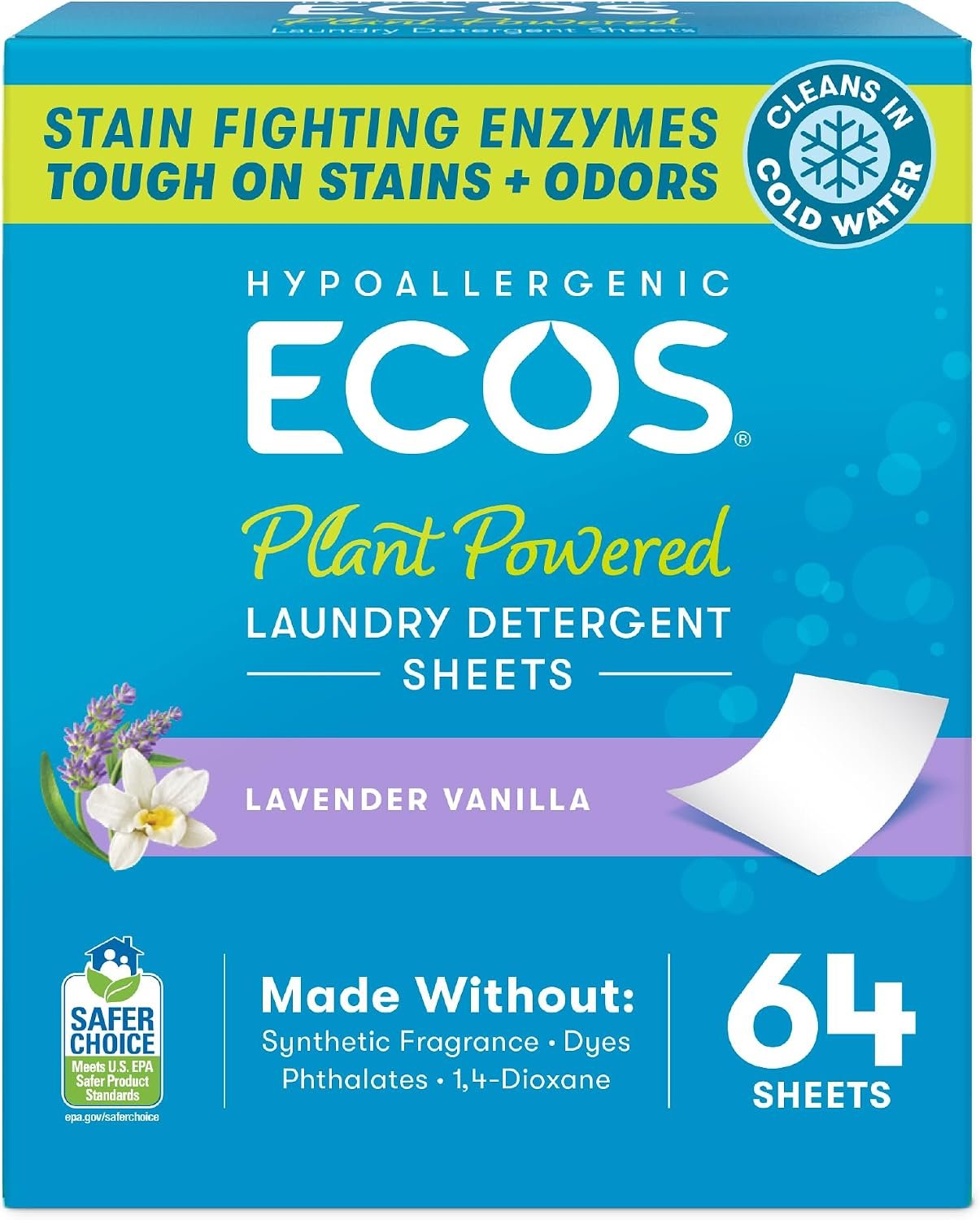 ECOS Laundry Detergent Sheets Vegan, No Plastic Jug, No Mess, Liquid Free – Hypoallergenic, Plant Powered Laundry Detergent Sheet – Lavender Vanilla – 64 Count (Pack of 1)