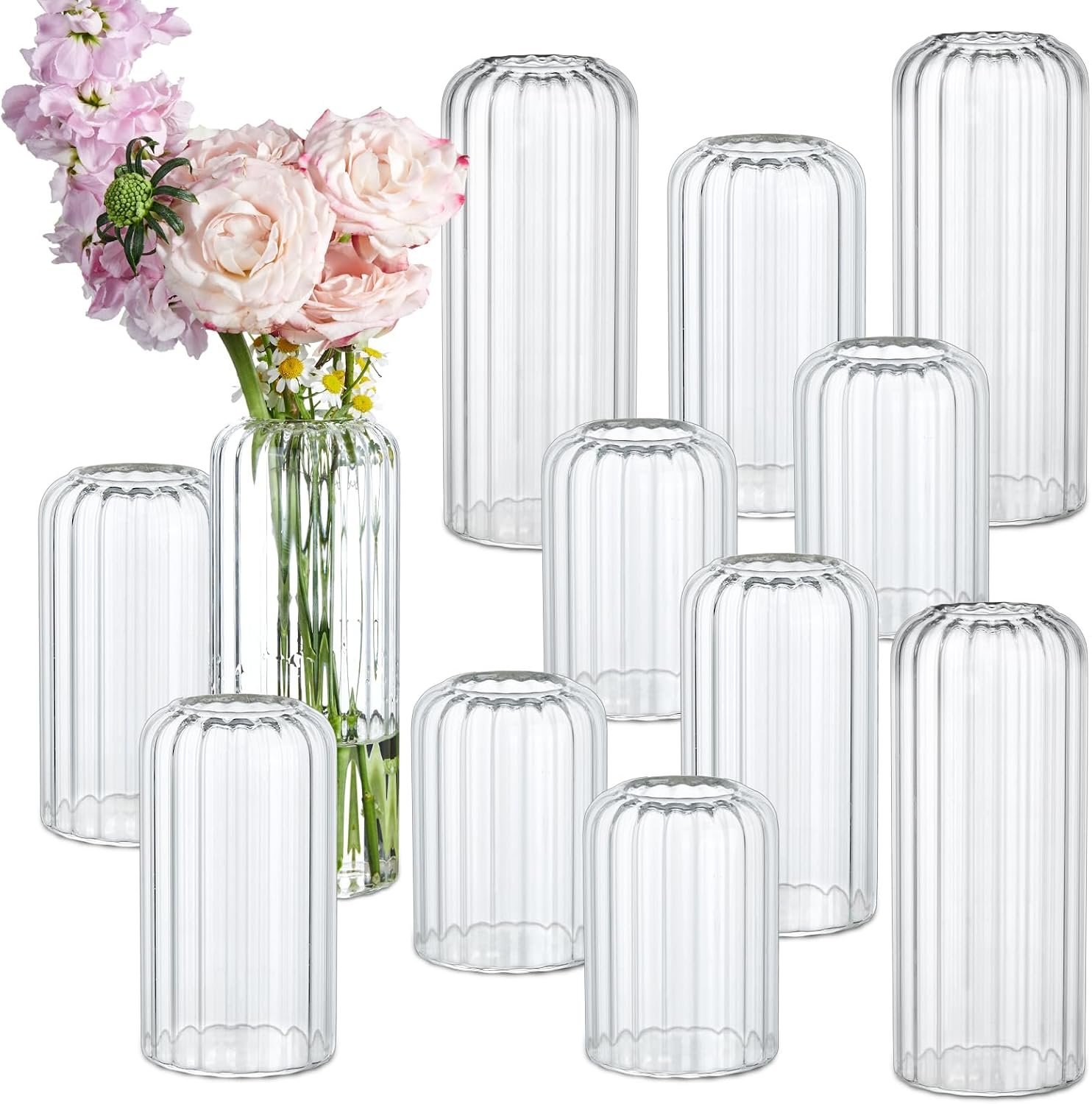 12PCS Bud Vases Set, Glass Vases for Flowers, Modern Cylinder Ribbed Vases for Wedding Centerpiece, Tall Clear Flower Vases in Bulk for Table Shelf, Party(Ribbed)