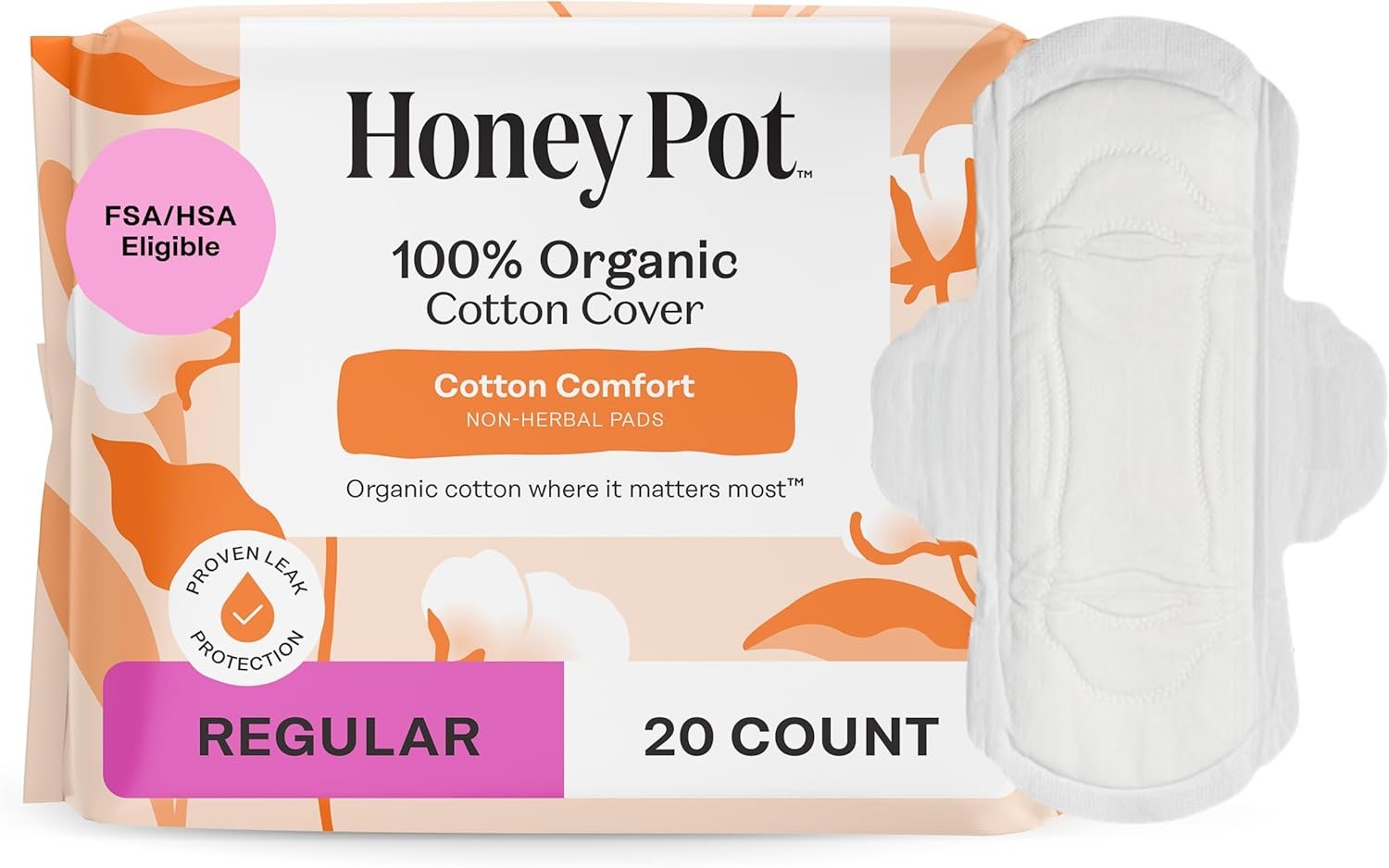 The Honey Pot Company – Cotton Comfort – Regular Pads for Women | Non-Herbal – Organic Cotton Cover – Menstrual Pads w/Wings – No Fragrance & Ultra-Absorbent Pulp Core – Feminine Care – 20ct