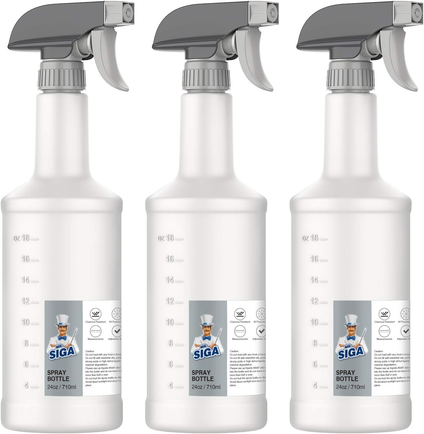 MR.SIGA 24 oz Empty Plastic Spray Bottles for Cleaning Solutions, 3 Pack | Heavy duty household reusable spray bottles with measurements and adjustable leak proof nozzle