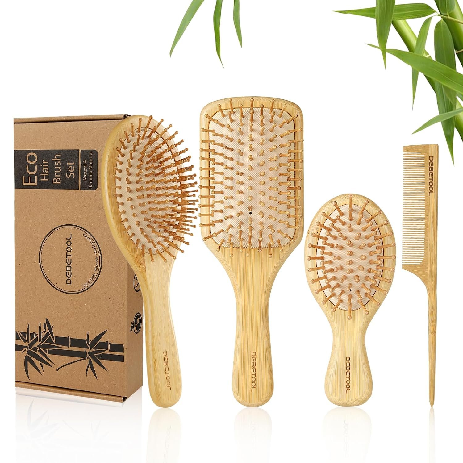 DEBETOOL Bamboo Hair Brush Set with Wide-tooth and Tail Comb | Natural Bamboo Paddle Detangling Brush for Wet Dry Curly Hair, Wood Grooming Tool for Women Men Kids