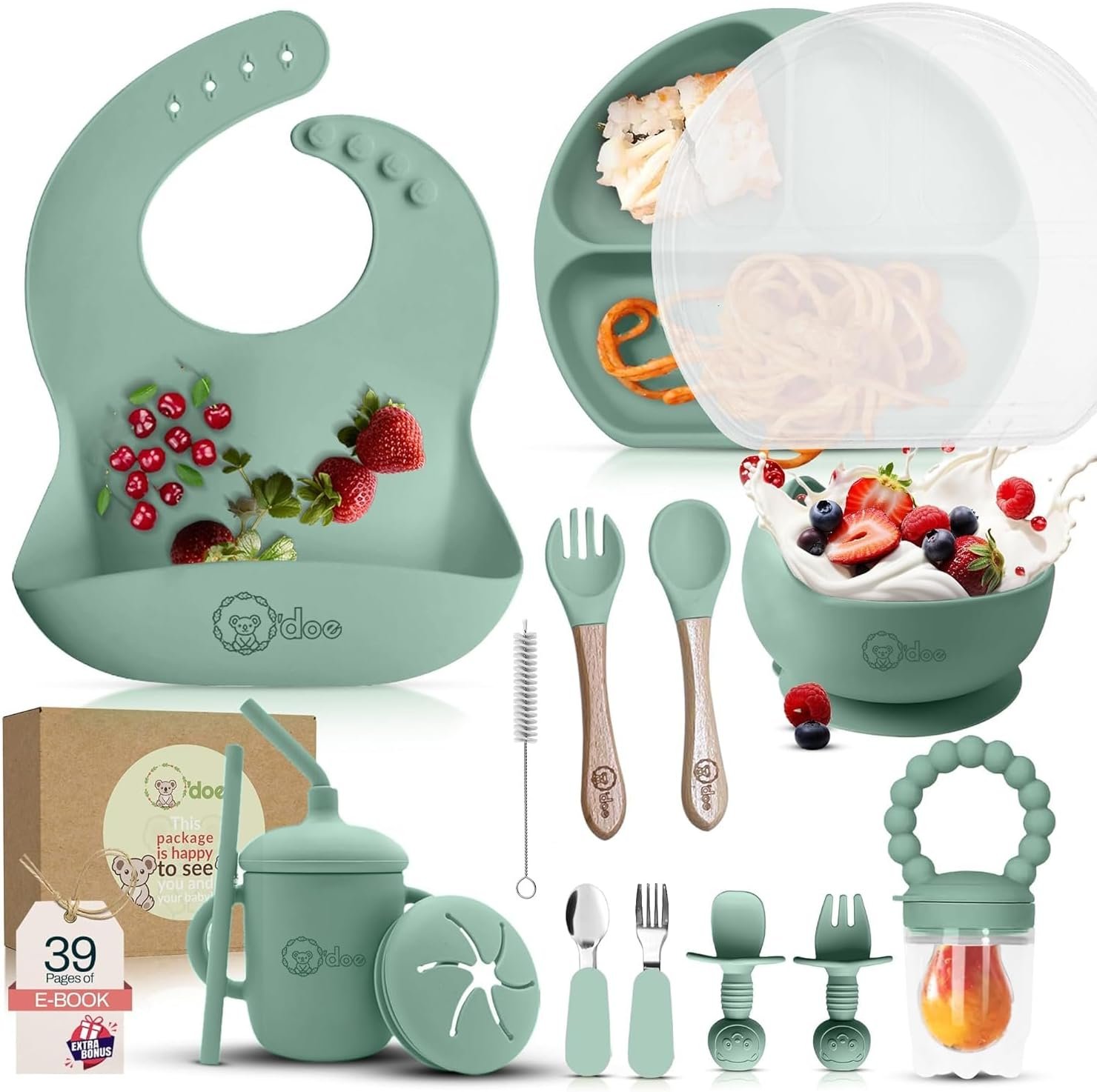 O’doe™ Silicone Baby Feeding Set, 17-Piece Baby Weaning Set BPA-Free | Thick & Soft Suction Plates, Baby Bowls, Wooden Fork & Spoon, and More, Make Mealtime Fun and Easy