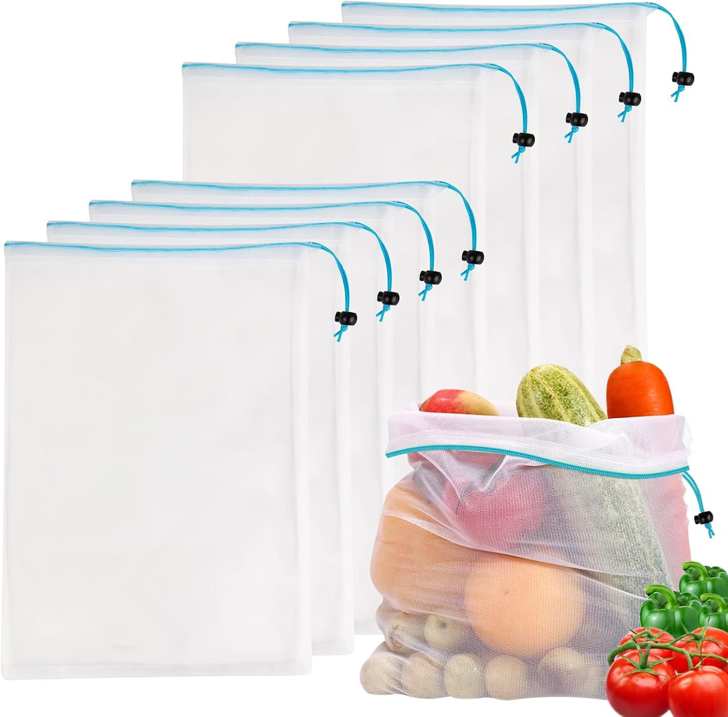 8 Reusable Blue Mesh Produce Bags – Large (12″x17″) Washable See-Through Mesh for Fruit, Veg, Toy Storage