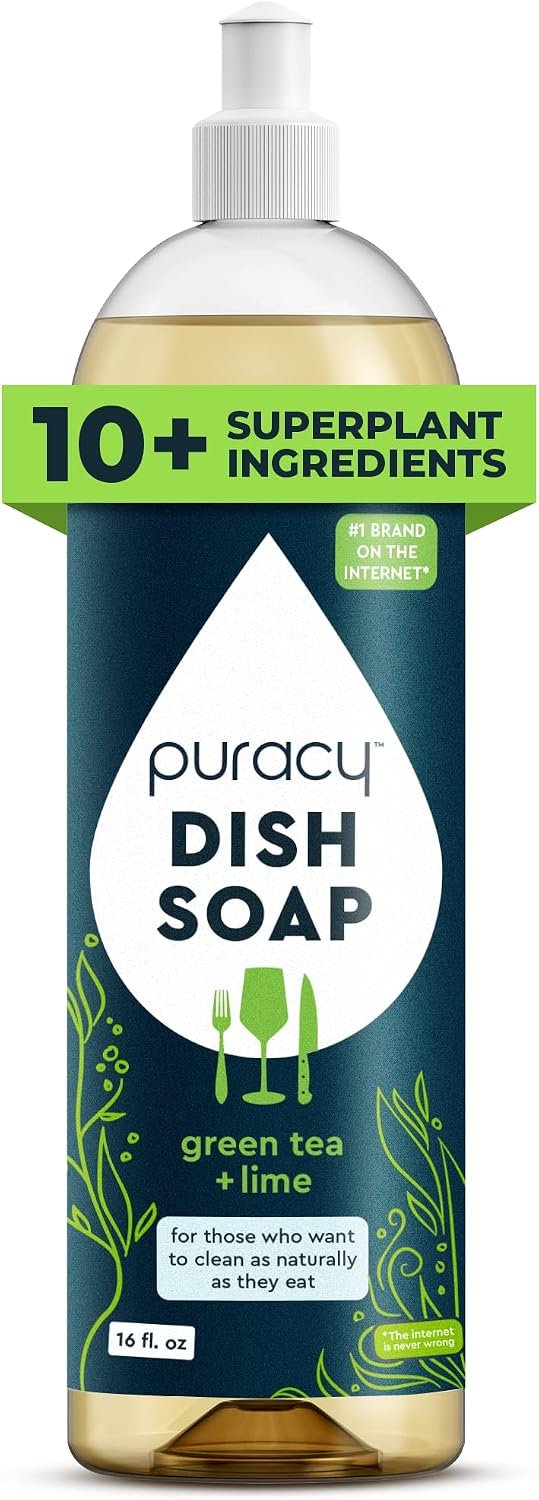 Puracy Natural Dish Soap – Skin-Softening Plant-Based Dishwashing Soap, Non-Toxic Dish Soap, Organic Liquid Dishwashing Detergent Soap (Green Tea & Lime, 16 fl oz)