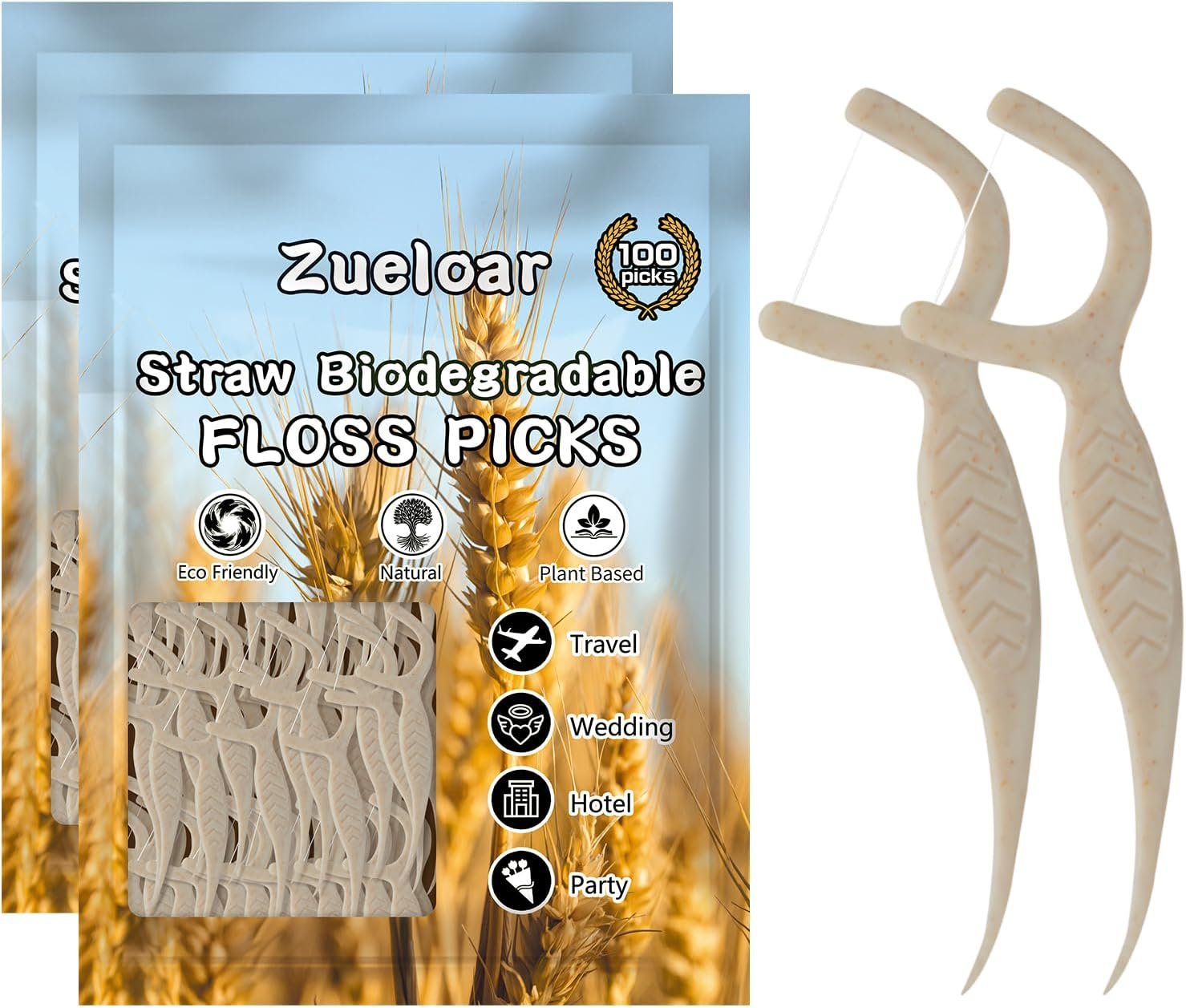 Straw Biodegradable Dental Floss Picks 200 Count,Zueloar Eco Friendly Natural Vegan Plant Based Floss Sticks,Tooth Flosser Clean for Adults Kids Oral Gum Care (200)