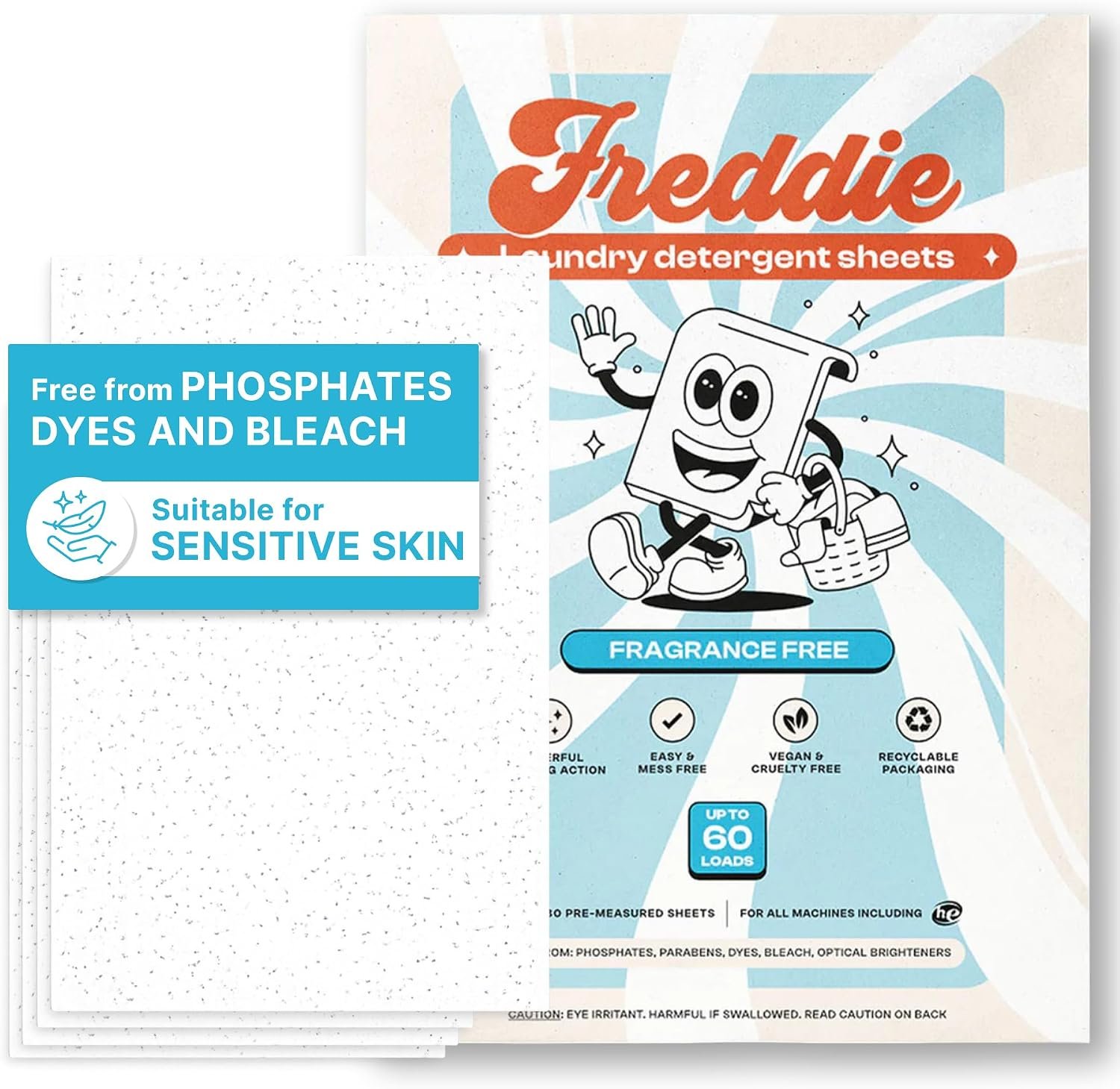 Freddie Low-Waste Laundry Detergent Sheets – Jug Free Format – Pre-Measured Strips – 60 Loads – Unscented for Sensitive Skin
