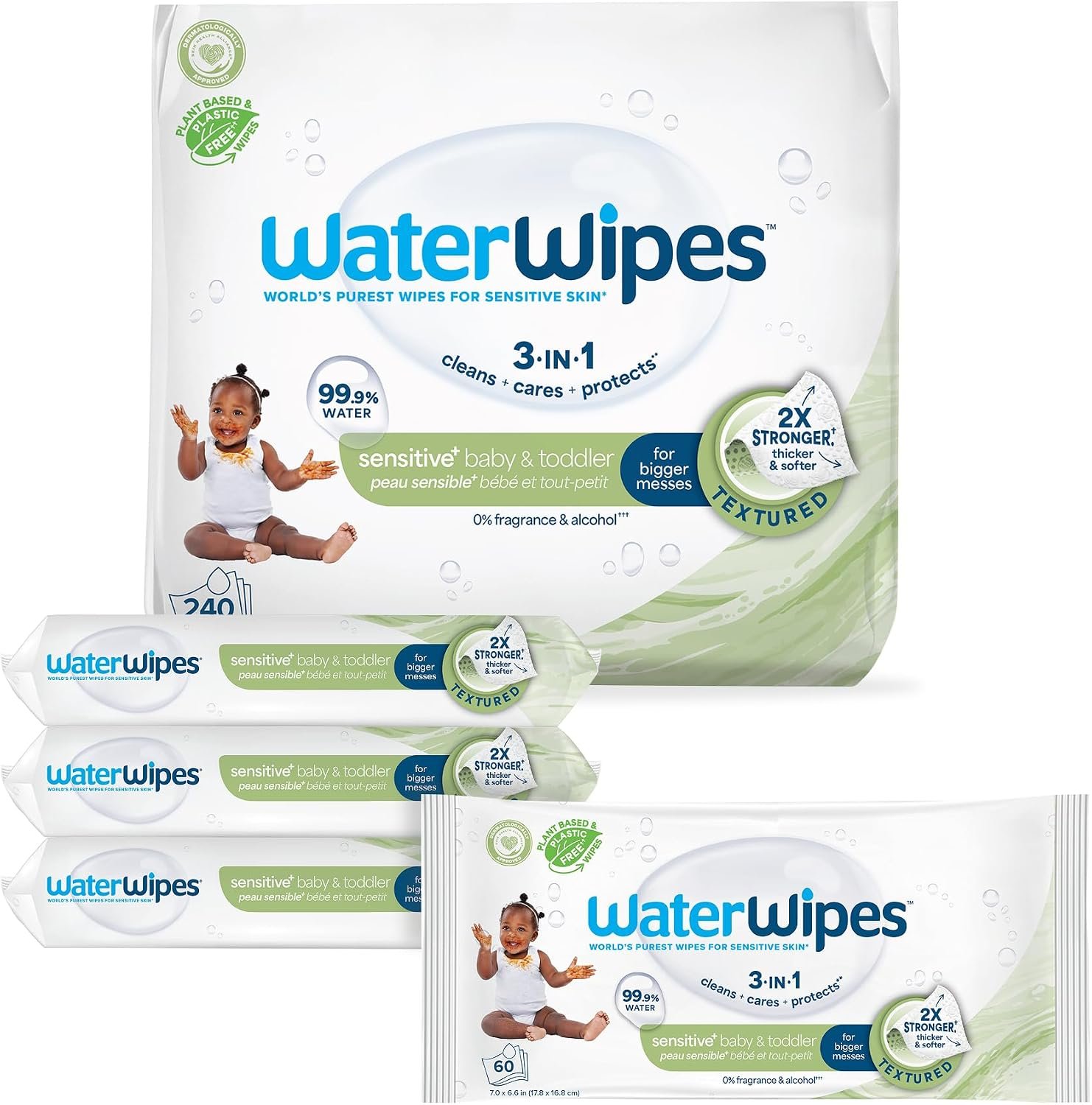 WaterWipes Sensitive+ Baby & Toddler Wipes, 3-In-1 Cleans, Cares, Protects, 99.9% Water, Textured Clean, Unscented & Hypoallergenic, 240 Count (4 Packs)