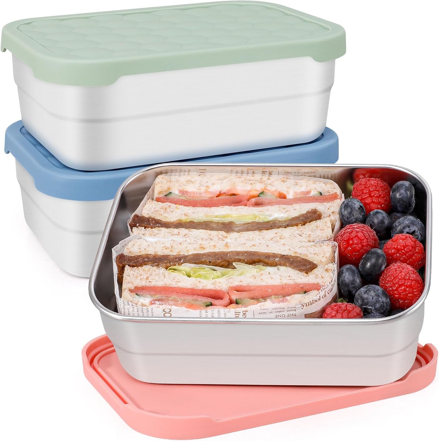Caperci 25oz Large Stainless Steel Food Containers, 3-Pack Bento Lunch Box with Silicone Lids, Leak-Proof Reusable Meal Prep Container for Sandwiches & Snacks, BPA-Free (720ML)
