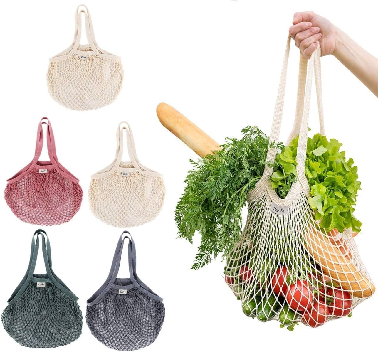 Lemonfilter 5 Pack Cotton Mesh Grocery Bags with Long Handle (4 Color) | Reusable Washable Mesh Produce Bags, Foldable Long Handle Eco Net Tote for Fruit, Vegetables and Farmers Market Shopping