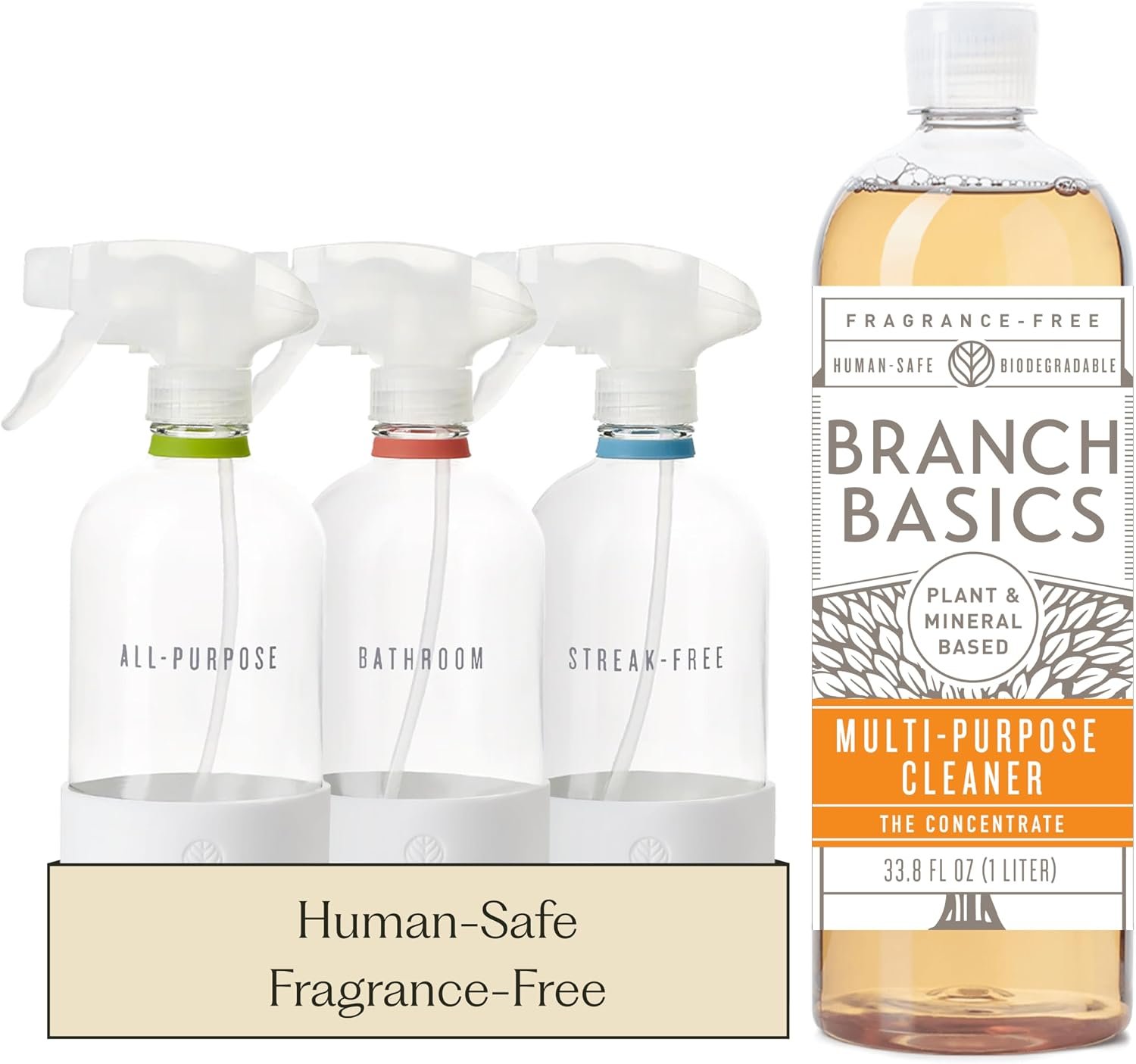 Branch Basics Cleaning Essentials Kit: All Purpose, Glass, Bathroom Cleaner | Plant-Based, Human-Safe, Fragrance-Free. Comes with Concentrate (33.8 oz) + Refillable Glass Bottles (16 oz). 24 Refills