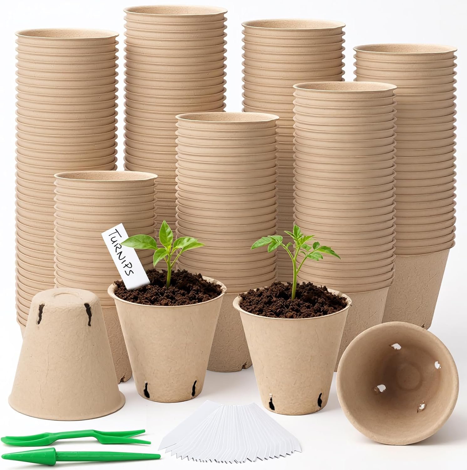 Baxrou 120 Pack 3.15 Inch Peat Pots Plant Starters for Seedling, Herb Seed Starter Pots Kits, Garden Germination Nursery Pot wit 30 Plant Labels, 2 Transplant Tools.