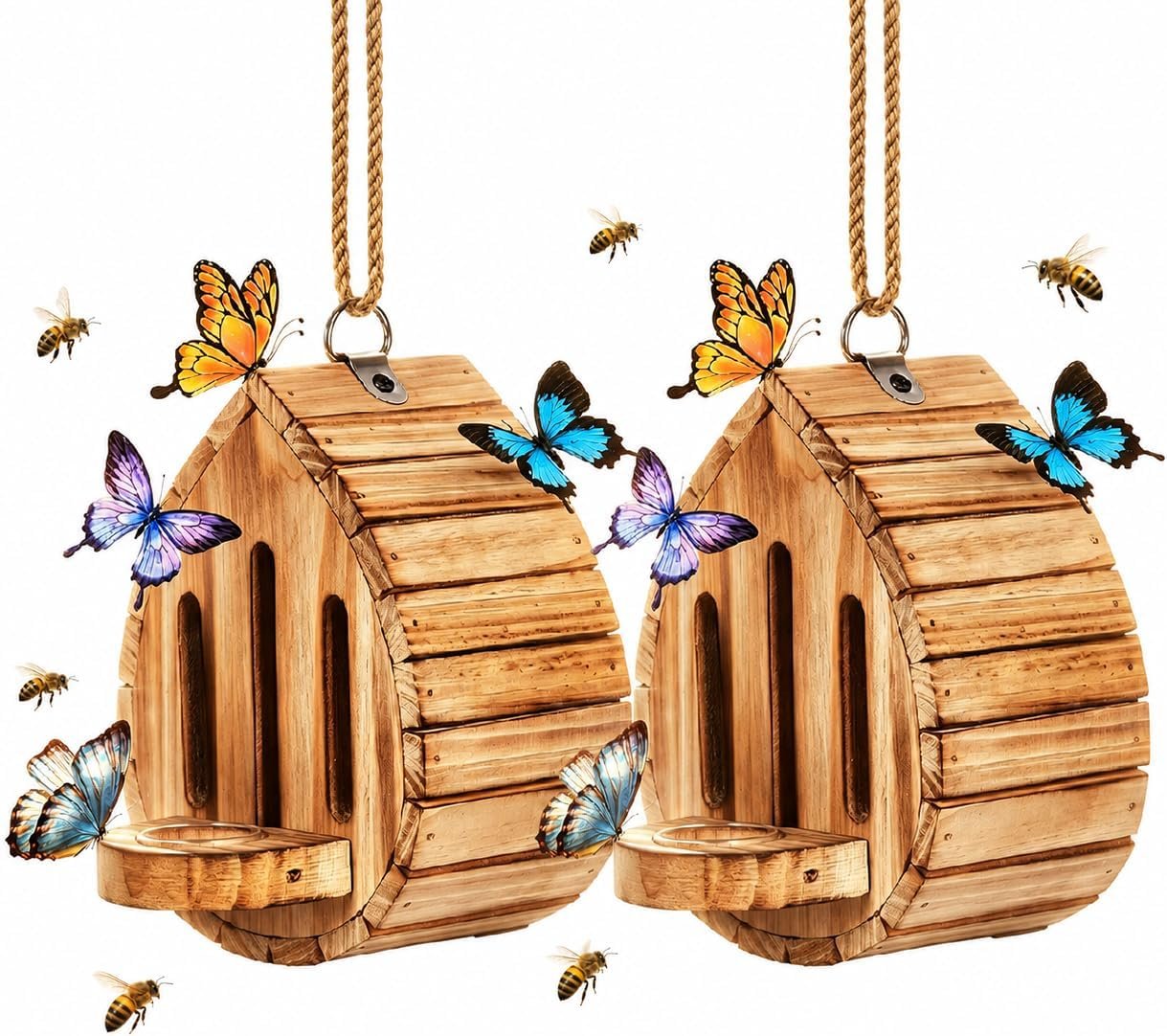 Butterfly House Wooden Shelter with Feeder, Teardrop-Shaped Wooden Habitat Natural Nesting Box, Hanging Butterfly Habitat for Outside Gardens (2PCS)