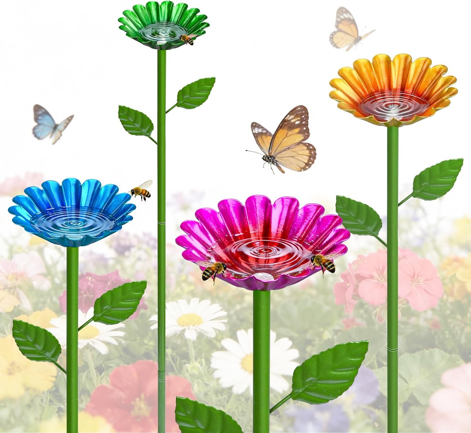 Mellbree Bee Watering Station, 4-Pack Metal Flower Bee Bath for Garden – Attract Butterflies & Pollinators – Colorful Outdoor Garden Stakes for Yard, Patio, Butterfly Garden – Gardening Essentials
