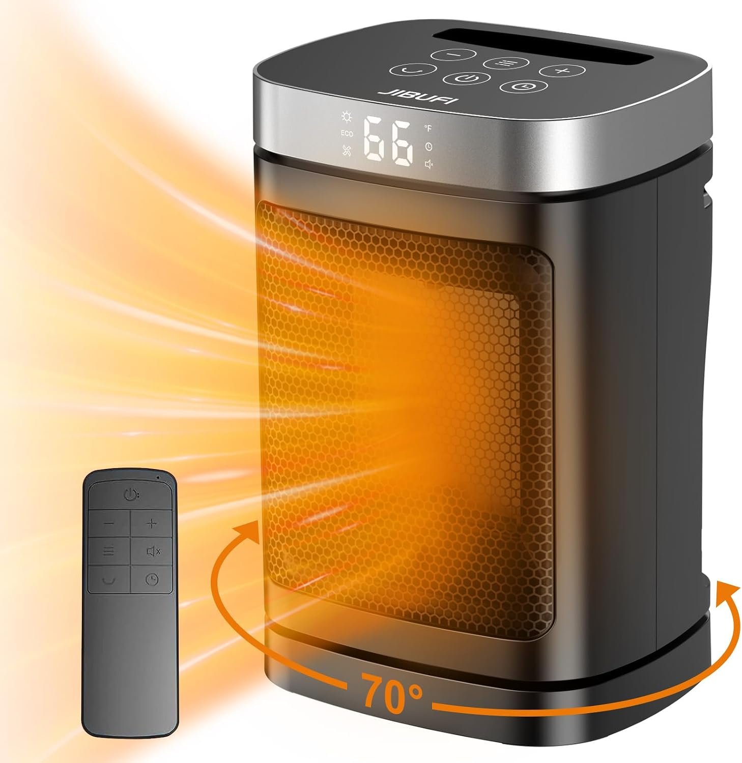 Small Portable Space Heater for Indoor Use – with 70°Rotating Feature, JIBUFI 1500W PTC Electric Heater, Rapid and Safe Heating, Remote Control, 1-12 Hr Timer for Bedroom, Office