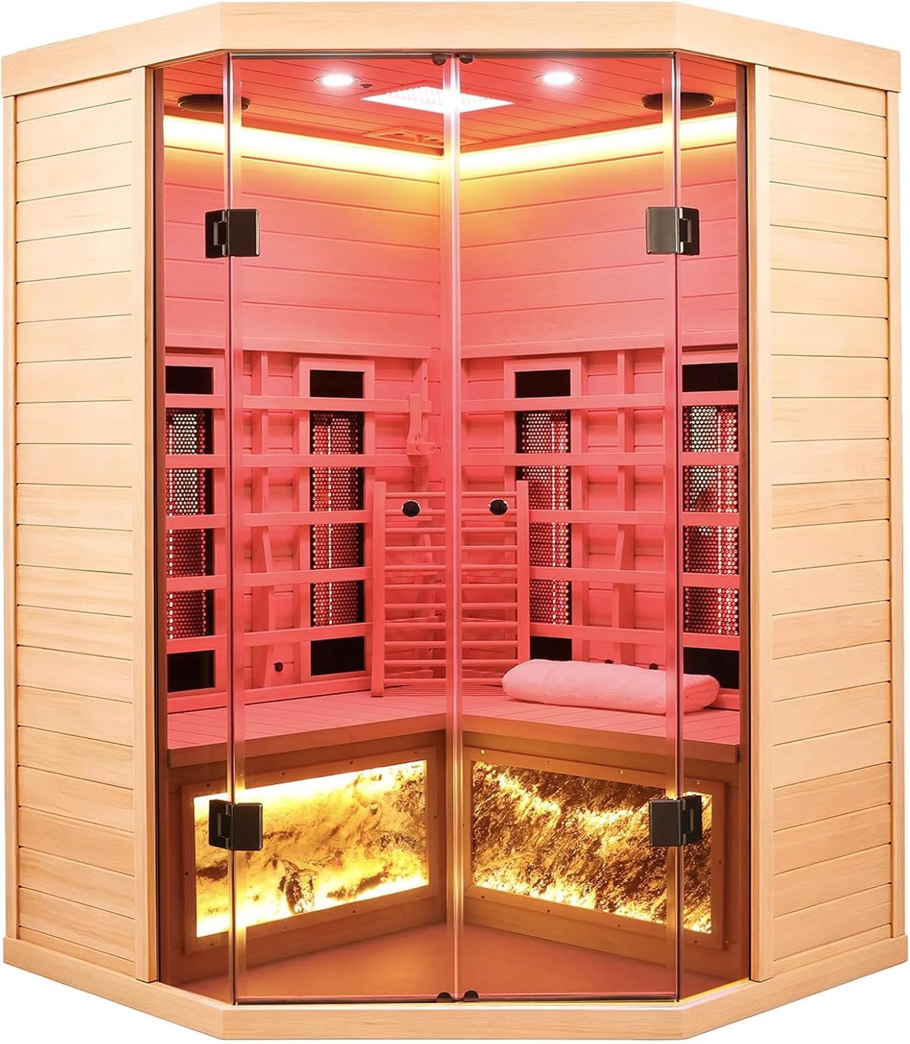 Ceramic Infrared Sauna 2-3 Person, 660nm & 850nm Red Light Therapy Infrared Saunas, Far & Near Infrared Corner Sauna, 1810W/120V Wooden Home Indoor Sauna Room with Bluetooth Speaker, Granite Backdrop