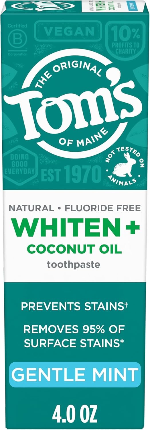 Tom’s of Maine Whiten Plus Coconut Oil Whitening Toothpaste, Mint, 4 oz | Natural Toothpaste with Fluoride, Removes 95% of Stains, Enamel Safe Formula, Whitens Without Causing Sensitivity