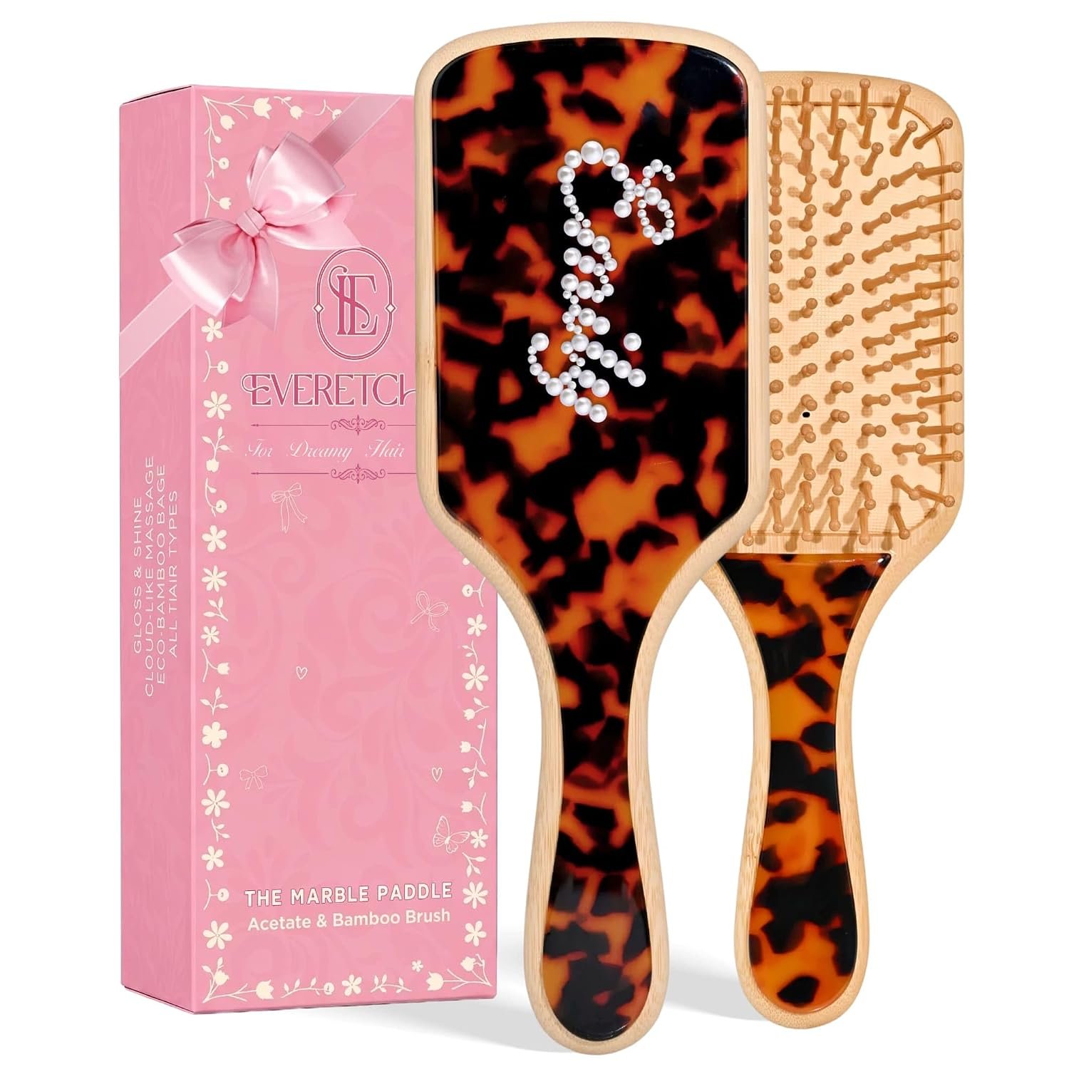 Personalized Hair Brush Custom Rhinestone Name Bamboo Brush | Customized Wooden Boar Bristle Paddle Hairbrush Bedazzled Gifts for Bridesmaid Birthday Valentine’s Day Wedding Christmas