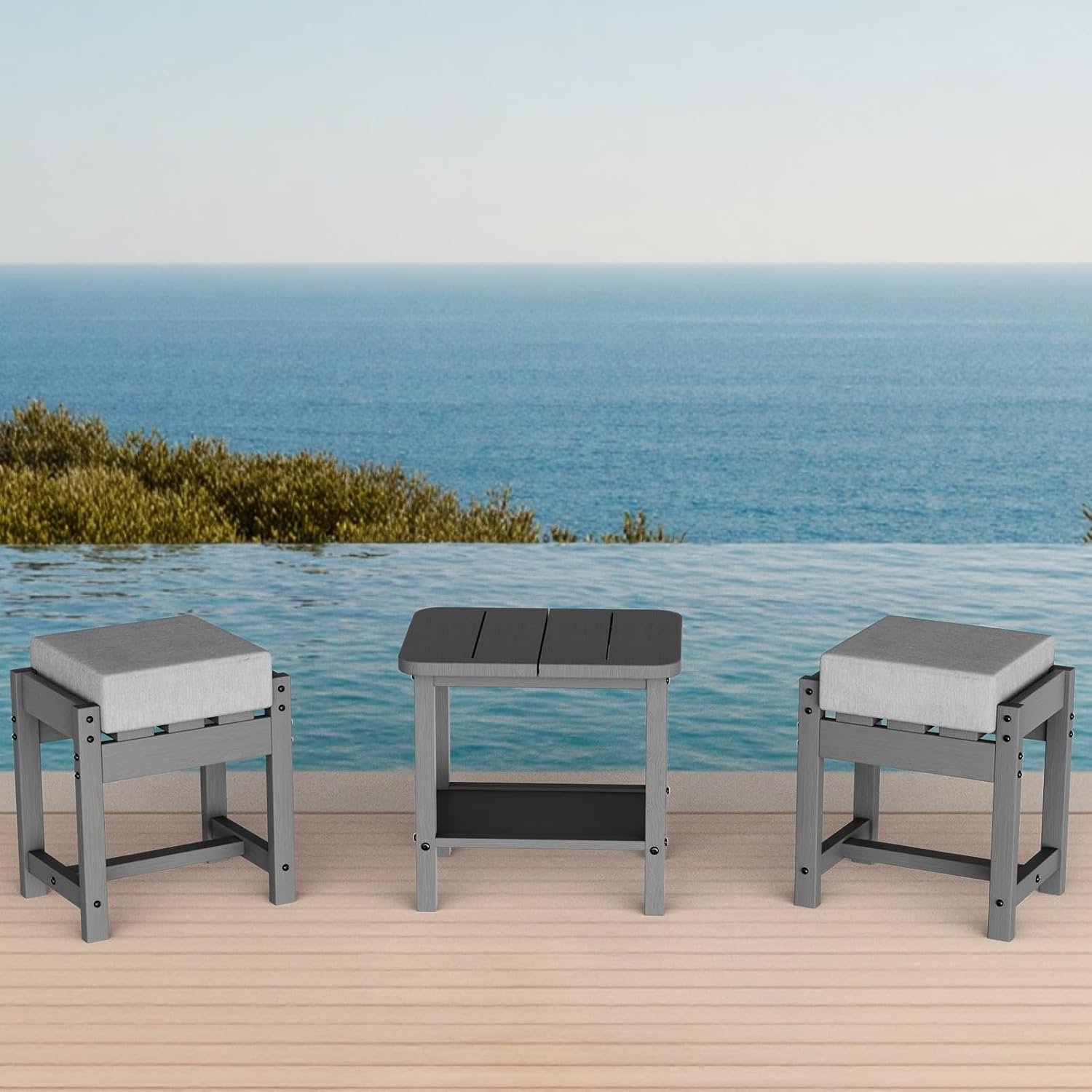 LOUNZY 3-Piece Outdoor Sofa Ottoman Set – Convertible Patio Furniture for Seating/Footrest, All-Weather Resistant & Comfortable Upholstery, Ideal for Garden, Balcony, Poolside – Modern,Grey