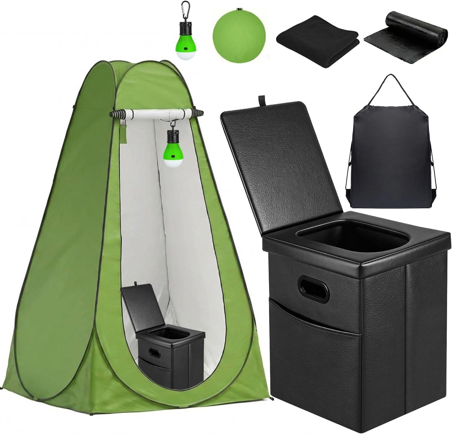 Panmout Portable Toilet Kit with Pop-Up Privacy Tent, 16.5″ Camping Toilet | All-in-One Outdoor Portable Camping Bathroom with Camping Toilet , Waste Bags, LED Light for Camping, RV, Road Trip
