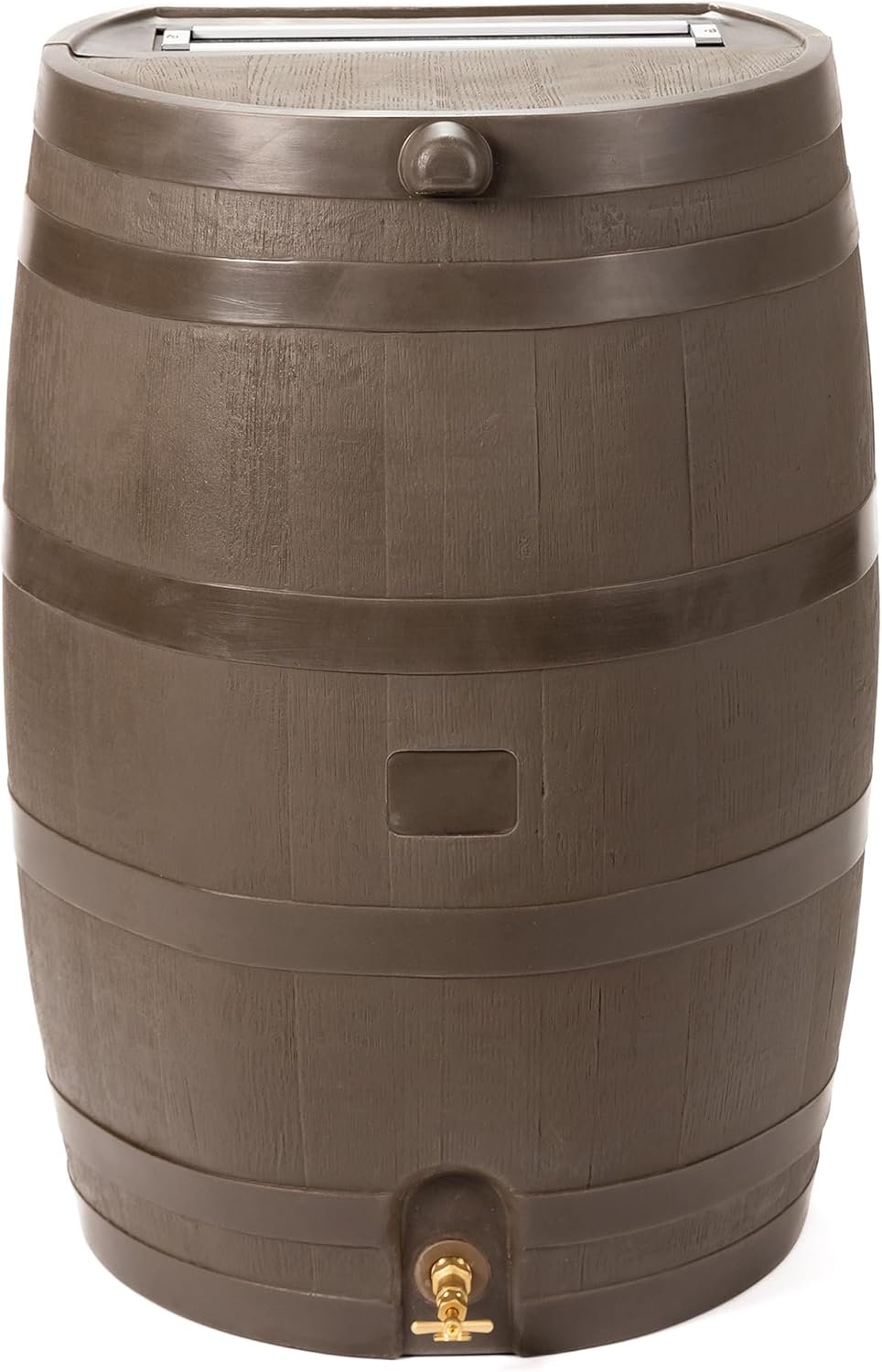 RTS Home Accents 50-Gallon Rain Barrel with Brass Spigot, Flat Back Rain Water Collection Barrel, Walnut Color