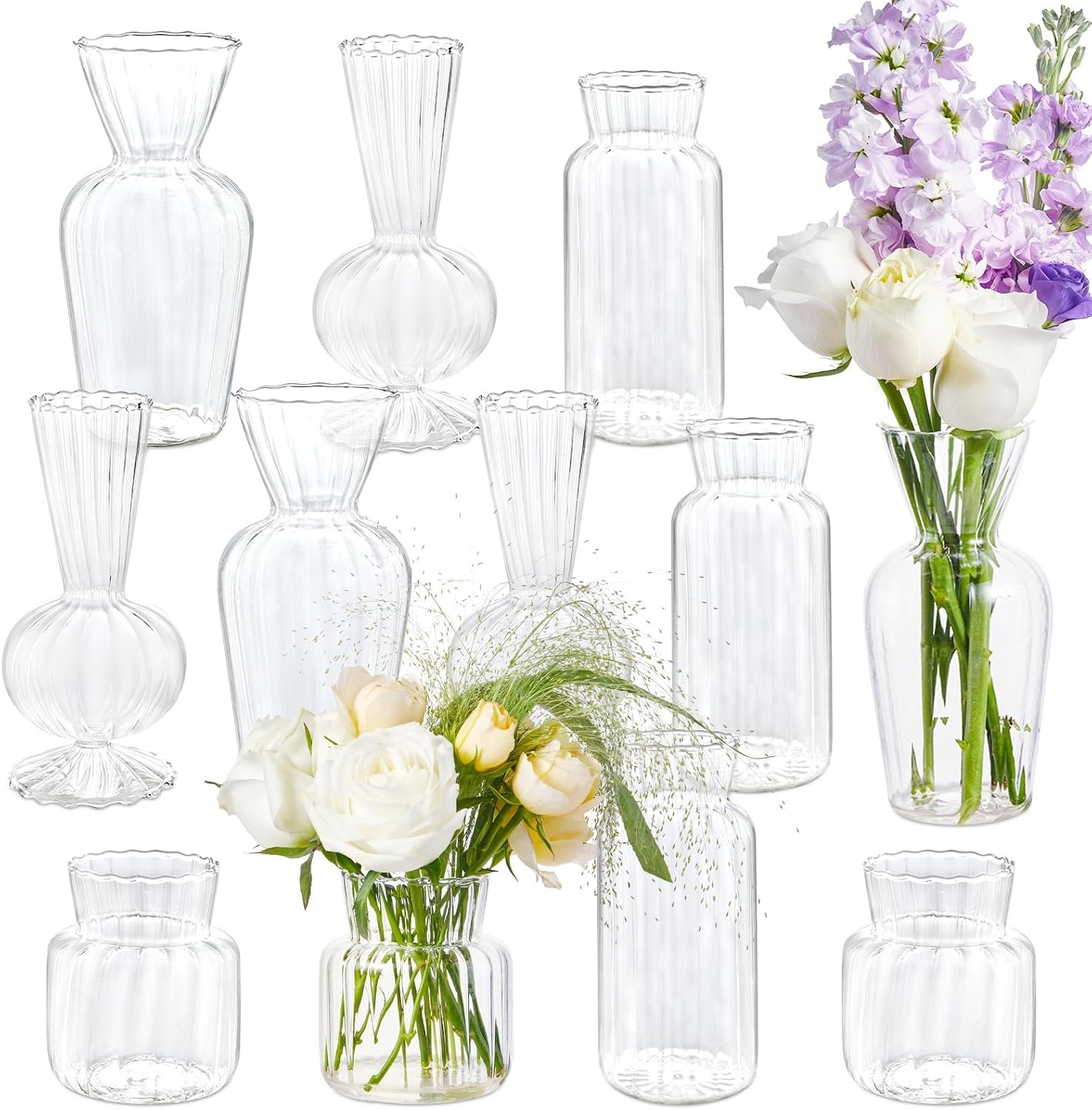 12 Pcs Ribbed Glass Bud Vases Set, 4 Styles Clear Small Flower Vases | Mini Vases in Bulk, Roman Column Vertical Ribbed Design for Wedding, Home Decor, Table Centerpieces, Party