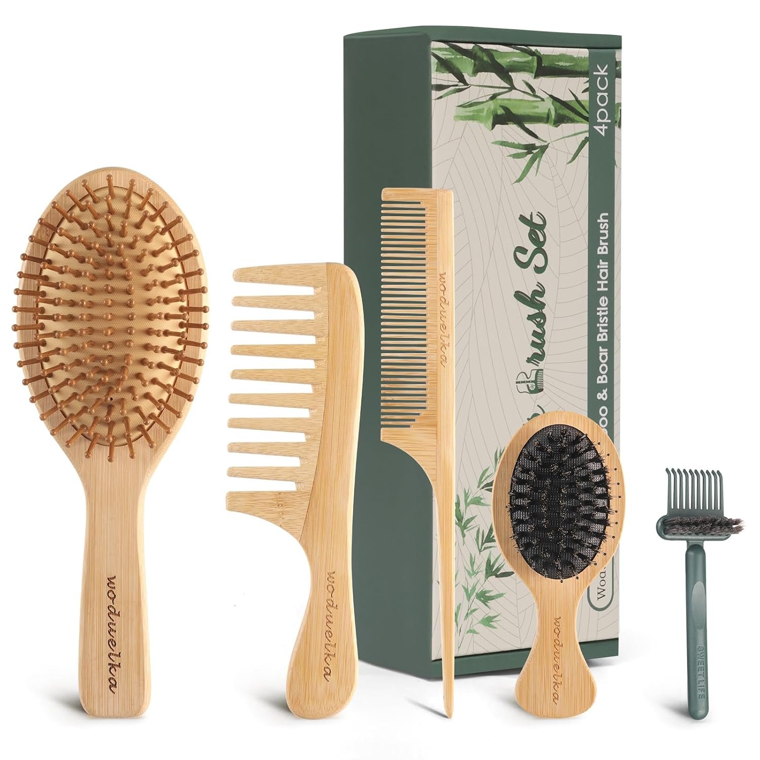 Bamboo Hair Brush Set – Bamboo Comb Set for Hair Growth, Paddle Detangling Hairbrush, Wide Tooth & Tail Tooth Comb and Mini Boar Bristle Travel Hairbrush, Brush Cleaner Included
