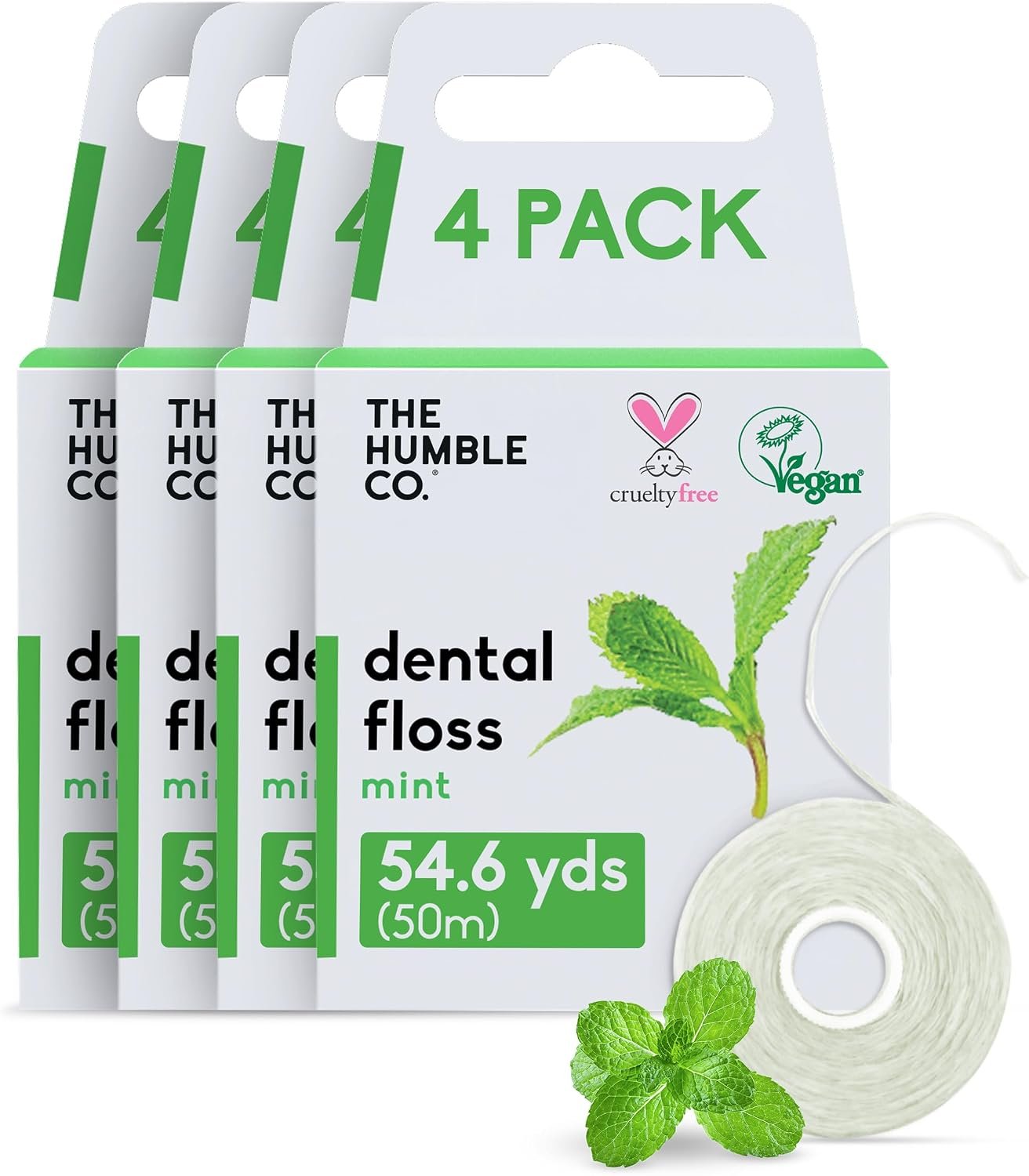 The Humble Co. Vegan Expanding Dental Floss, 220 Yards, Mint (4 Pack) | Thick Expandable Waxed Floss for Gum Health, Dental Floss, Non-Toxic, Oral Care & Hygiene for Adults & Kids