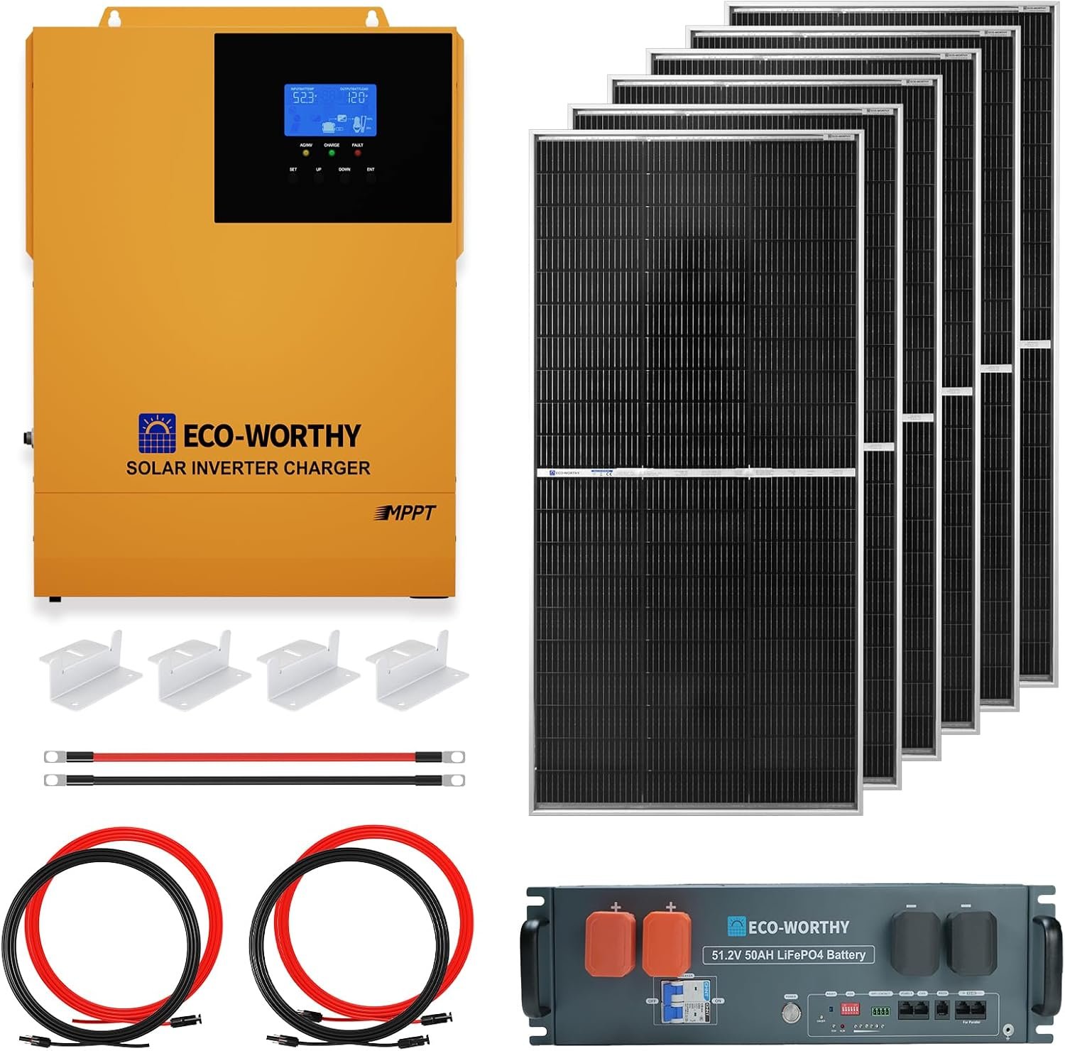 ECO-WORTHY 4.68KWH Solar Power Complete Kit 1200W 48V with Lithium Battery and Inverter for Home: 6pcs 195W N-Type Bifacial Solar Panels + 1pc 48V 50Ah Li-Battery + 3500W Solar Charger Inverter