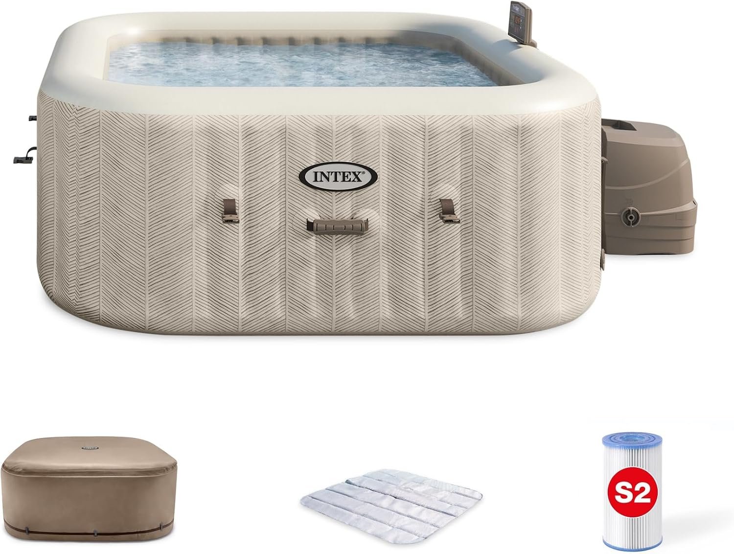 INTEX 28445EH 4 Person PureSpa Chevron Deluxe Outdoor Inflatable Portable Hot Tub, Includes Energy Efficient Spa Cover, Spa Control App, Saltwater System Ready, 69″ x 69″ x 28″