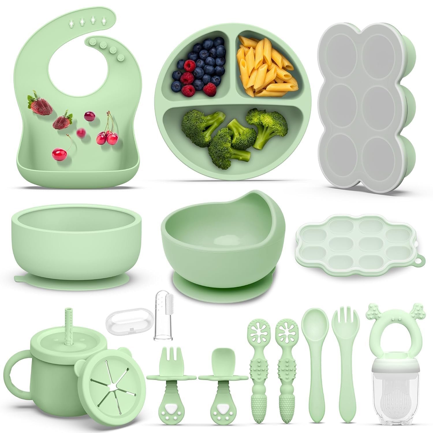 16PCS Silicone Baby Feeding Set, All-in-One for Starting Solids | Fruit feeder and multi-size freezer tray, BPA-free, Suction bases, Dishwasher & microwave safe, 6 month+