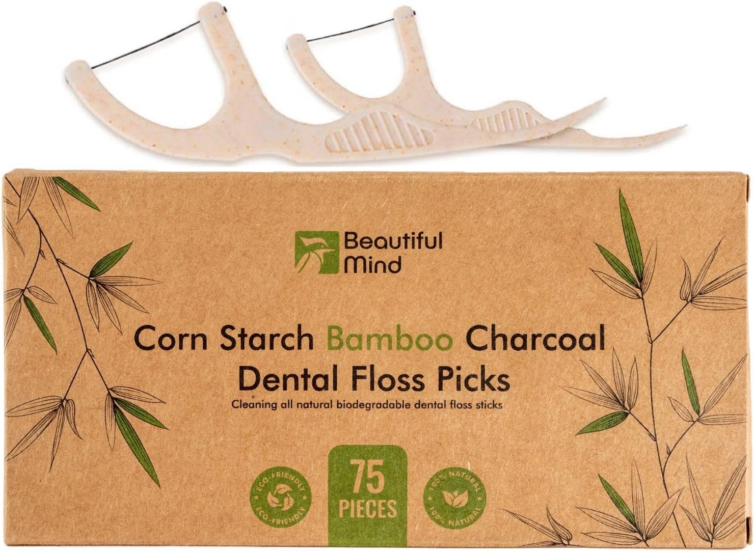 Natural Dental Floss Picks 75 Pack – Organic Biodegradable Floss Sticks with Strong Bamboo Charcoal Thread & Vegan Cornstarch Handle – No Plastics, No Artificial Flavours – Kraft Paper Box