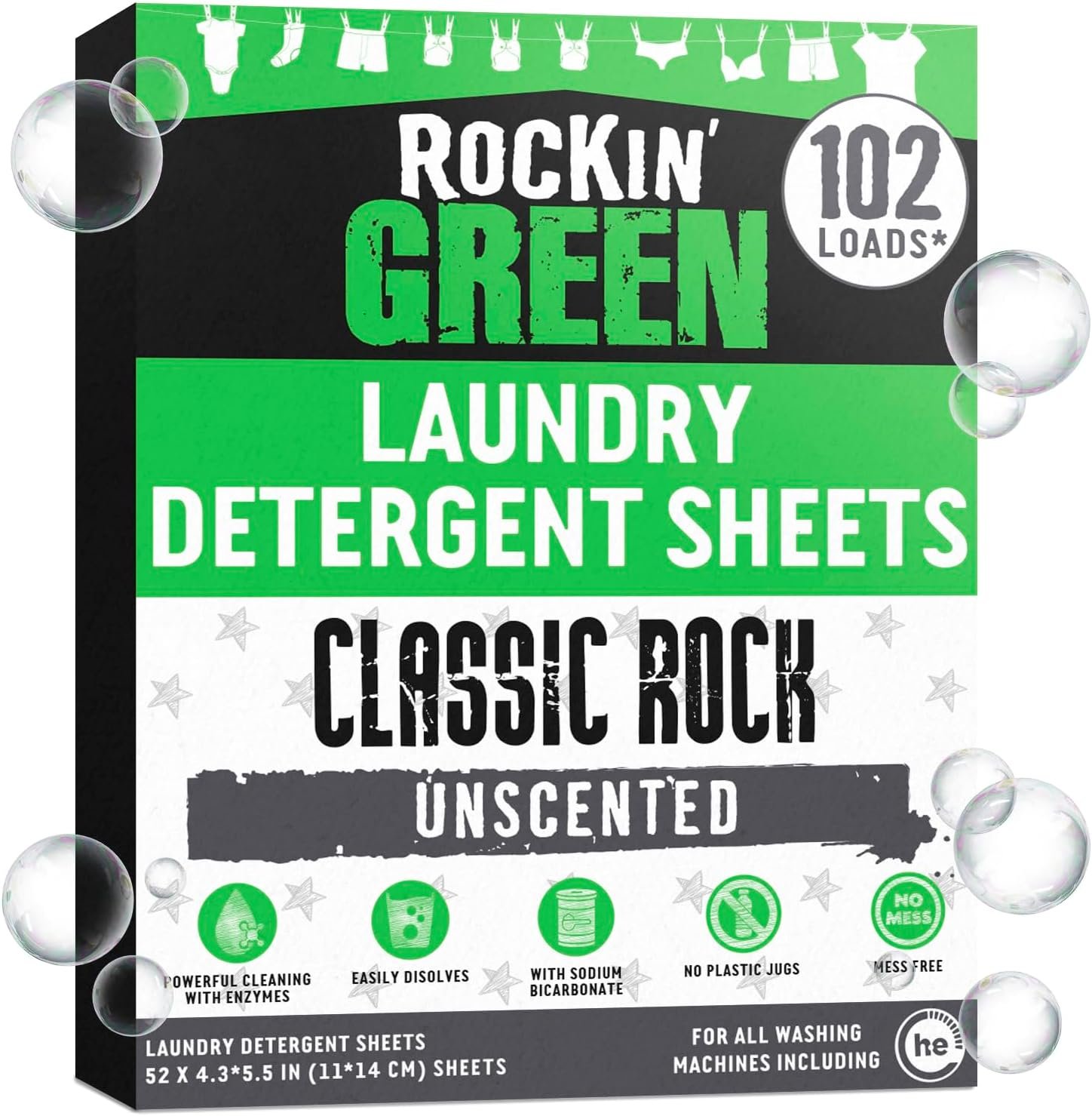 Rockin’ Green Travel Laundry Detergent Sheets Unscented – Mess-Free Laundry Sheets Detergent Powerful Cleaning with Sodium Bicarbonate – Easily Dissolvable Laundry Soap Sheet (102 Loads, Unscented)
