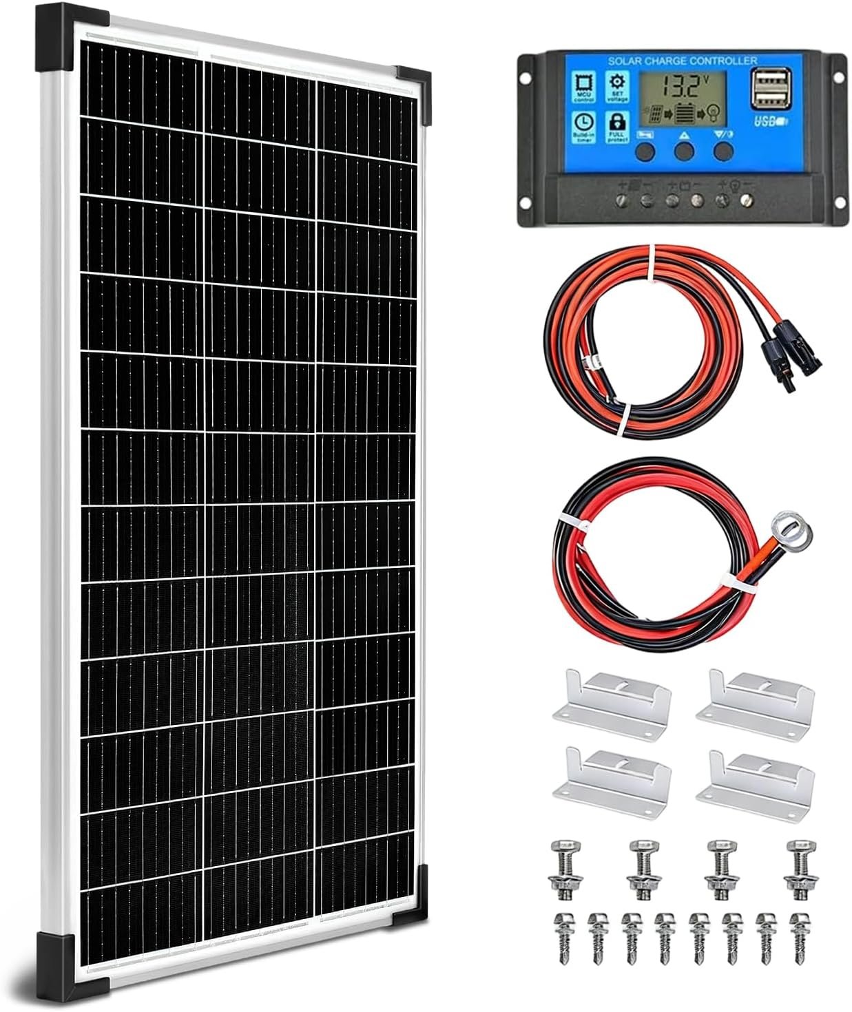 100W Solar Panel Kit 12V Battery Maintainer | Monocrystalline, with 20A Solar Charge Controller +16.4Ft Extension Cables for RV Marine Boat Off Grid System