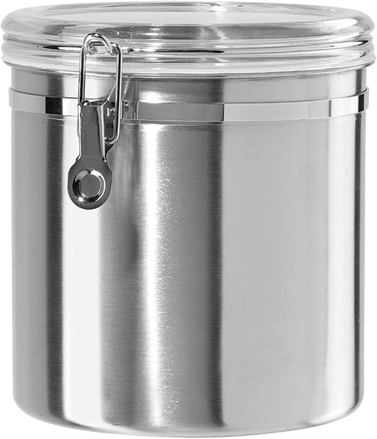 Oggi Stainless Steel Kitchen Canister 152 fl oz – Airtight Clamp Lid, Clear See-Thru Top – Ideal for Kitchen Storage, Food Storage, Pantry Storage. Jumbo Size 8″ x 8″.