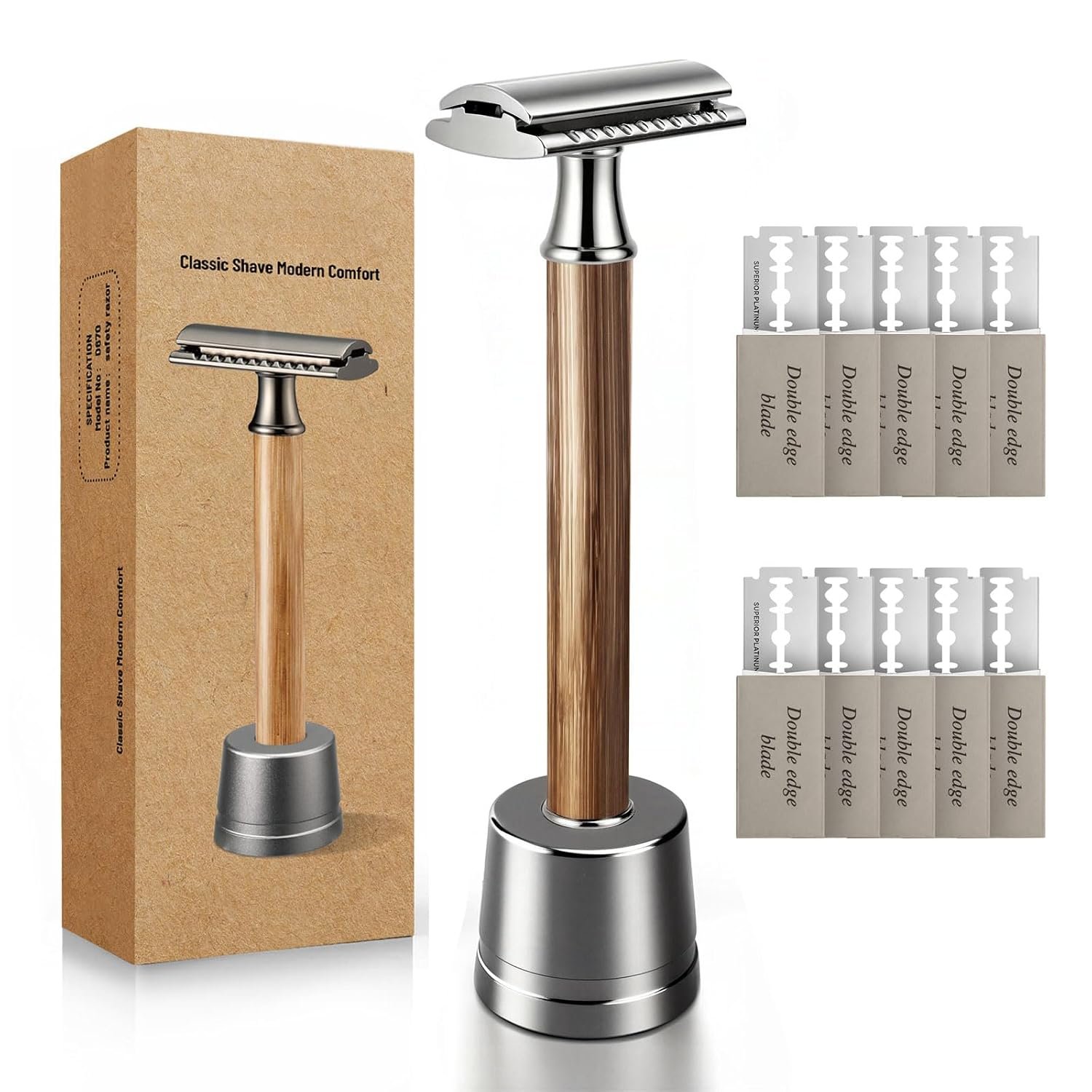 Double Edge Safety Razor: Eco-Friendly Single Blade Razors for Men & Women, 𝐁𝐚𝐦𝐛𝐨𝐨 𝐇𝐚𝐧𝐝𝐥𝐞 Metal Razor for Smooth Daily Shaving – 𝟏𝟎 𝐁𝐥𝐚𝐝𝐞𝐬 Included, Gifts for Father’s Day