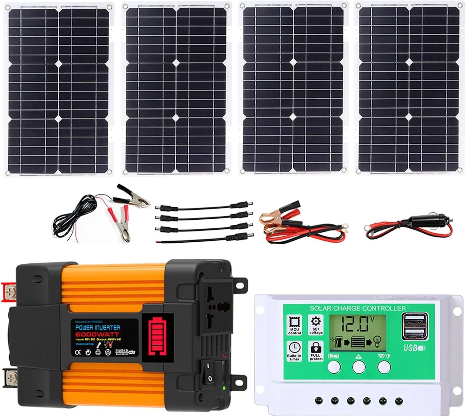 6000W Complete Solar Inverter Kit 12V to 110V with Controller and 100W Panel | Includes Inverter, 100W Solar Panel And 50A Controller For RVs, Camping, Off-grid And Outdoor Power System