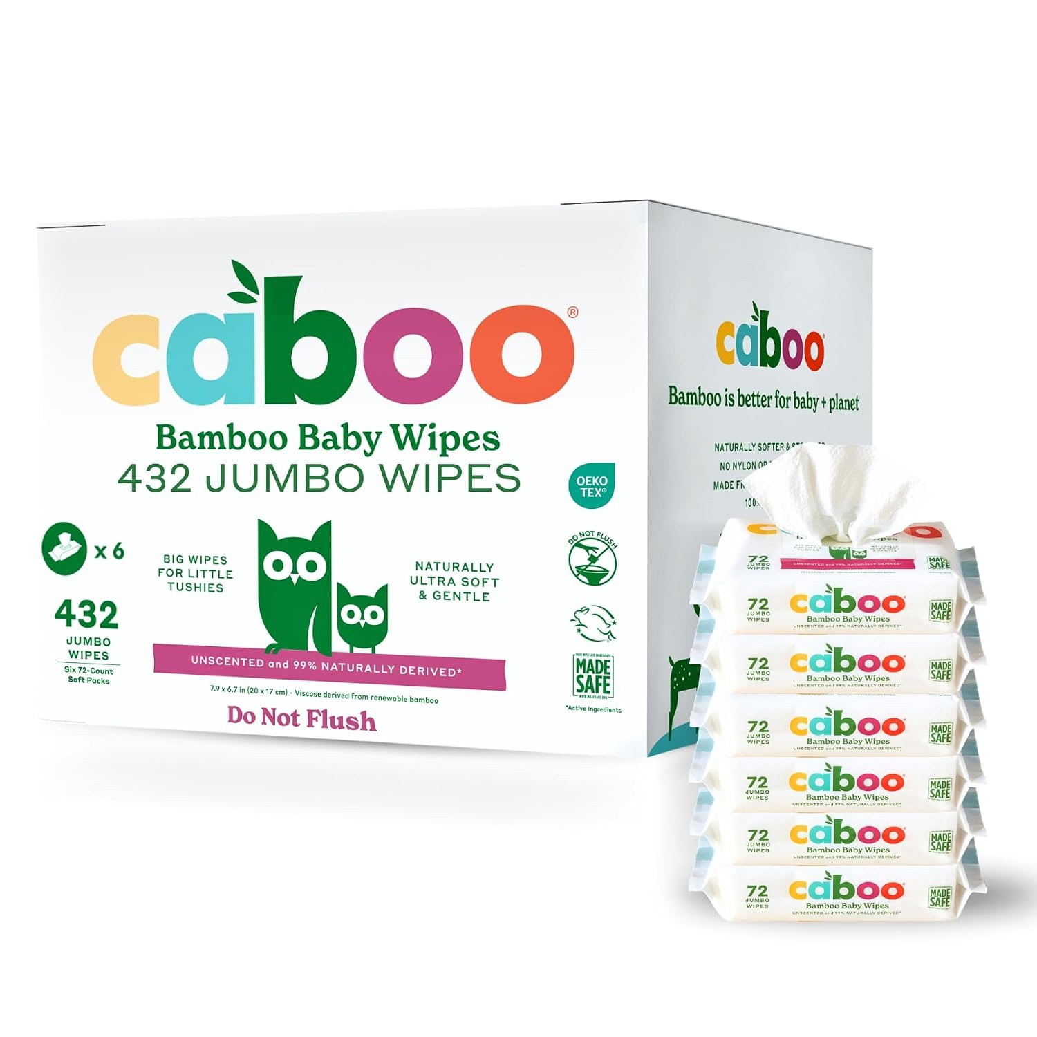 Caboo Baby Wipes, Made with Bamboo Viscose, Certified Made Safe Ingredients, Unscented Baby Wipes Good for Sensitive Skin, 72 Wipes Per Travel Pack, Total of 216 Wet Wipes | Bamboo Viscose, Jumbo Size 7.9×6.7″, Certified Made Safe, Resealable Tab, Hypoallergenic, Great for Sensitive Skin
